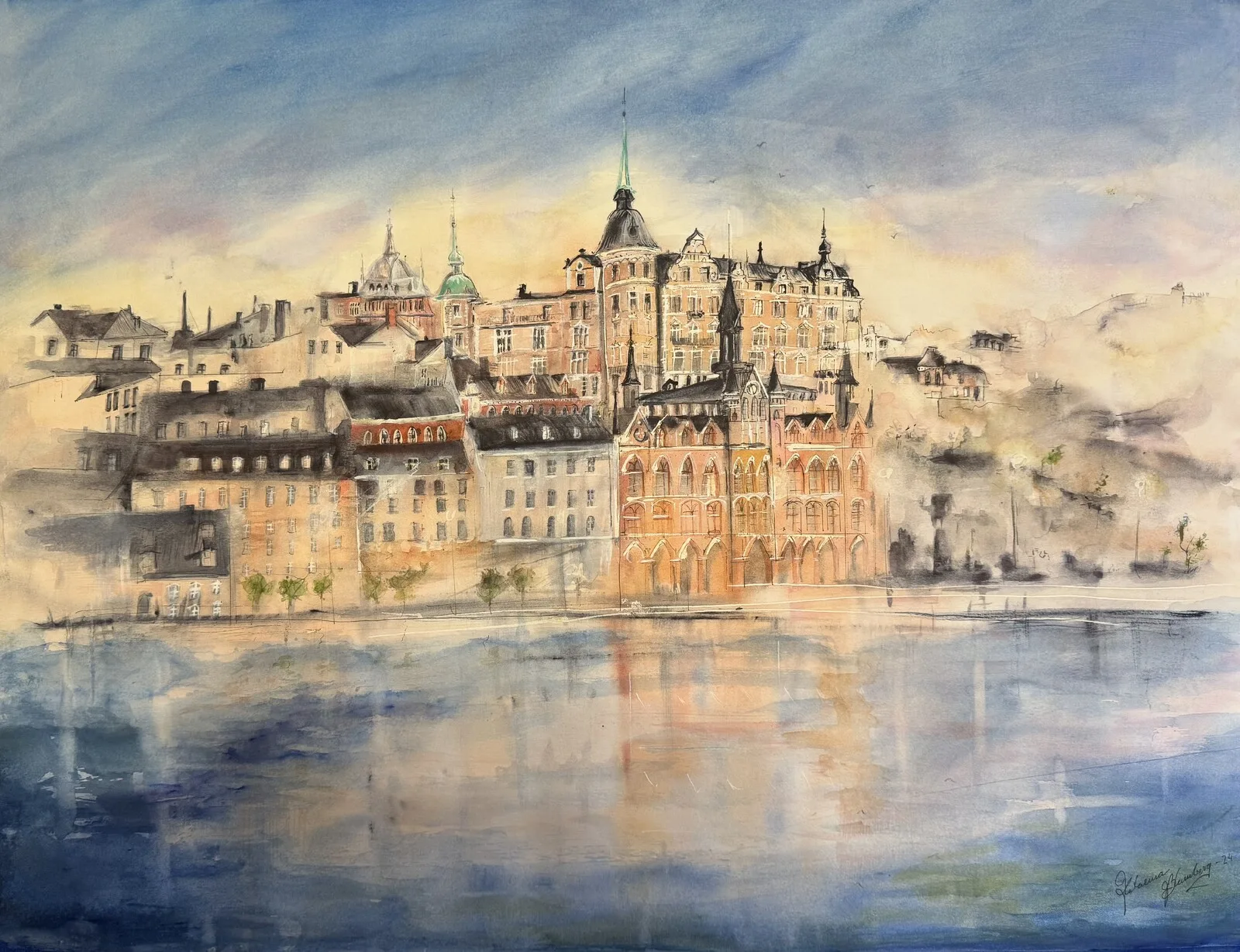Akvarell Mariaberget av Katarina Blomberg