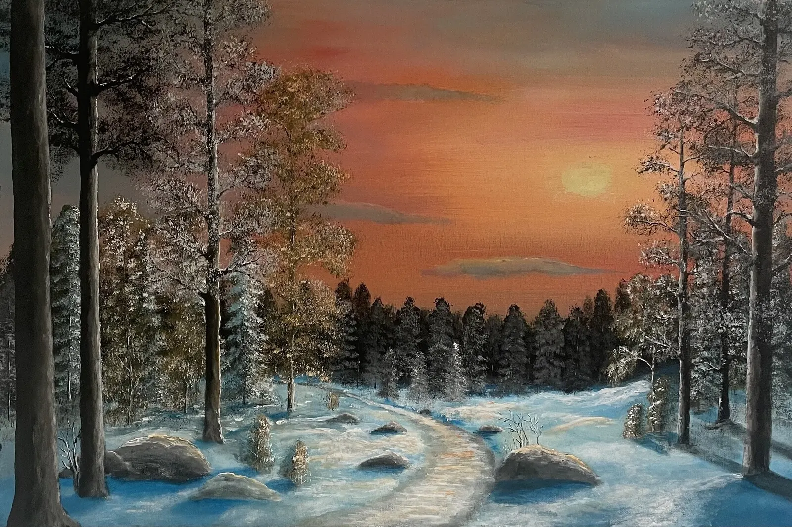 Akrylmålning Solnedgång i skog av Annika Handfast