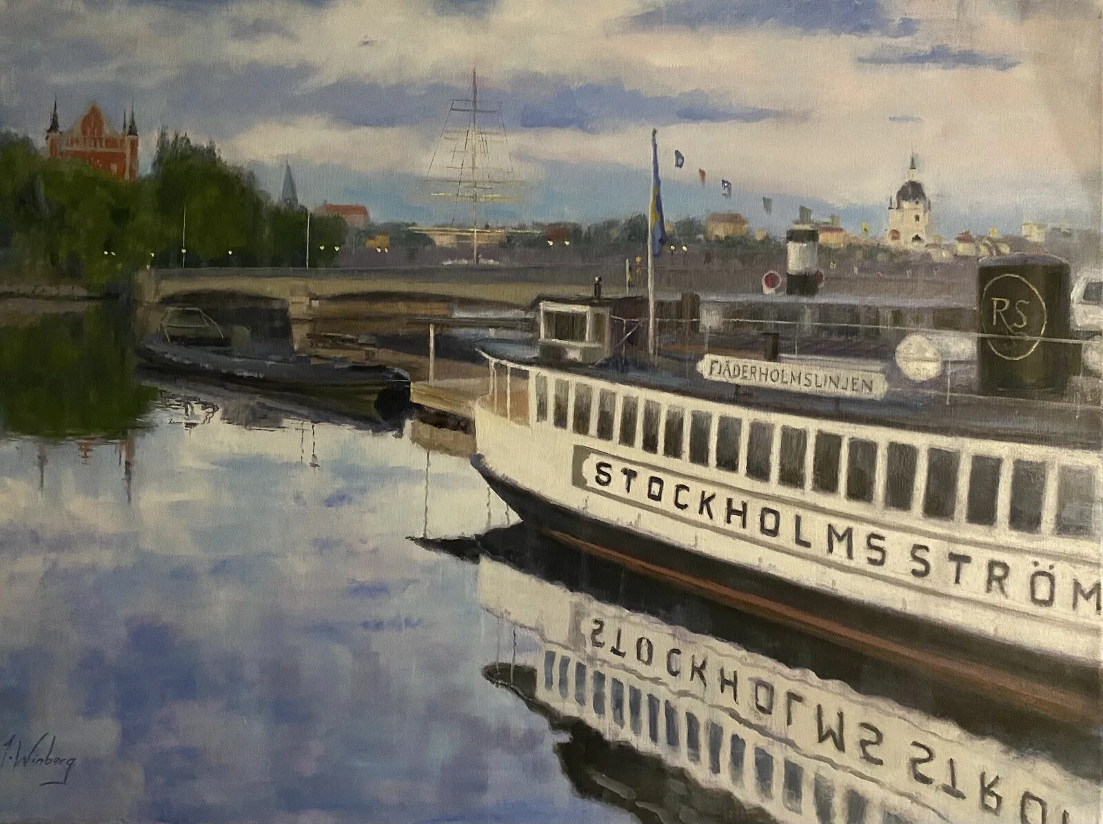 Oljemålning Skeppsholmen en tidig morgon av Jörgen Winberg