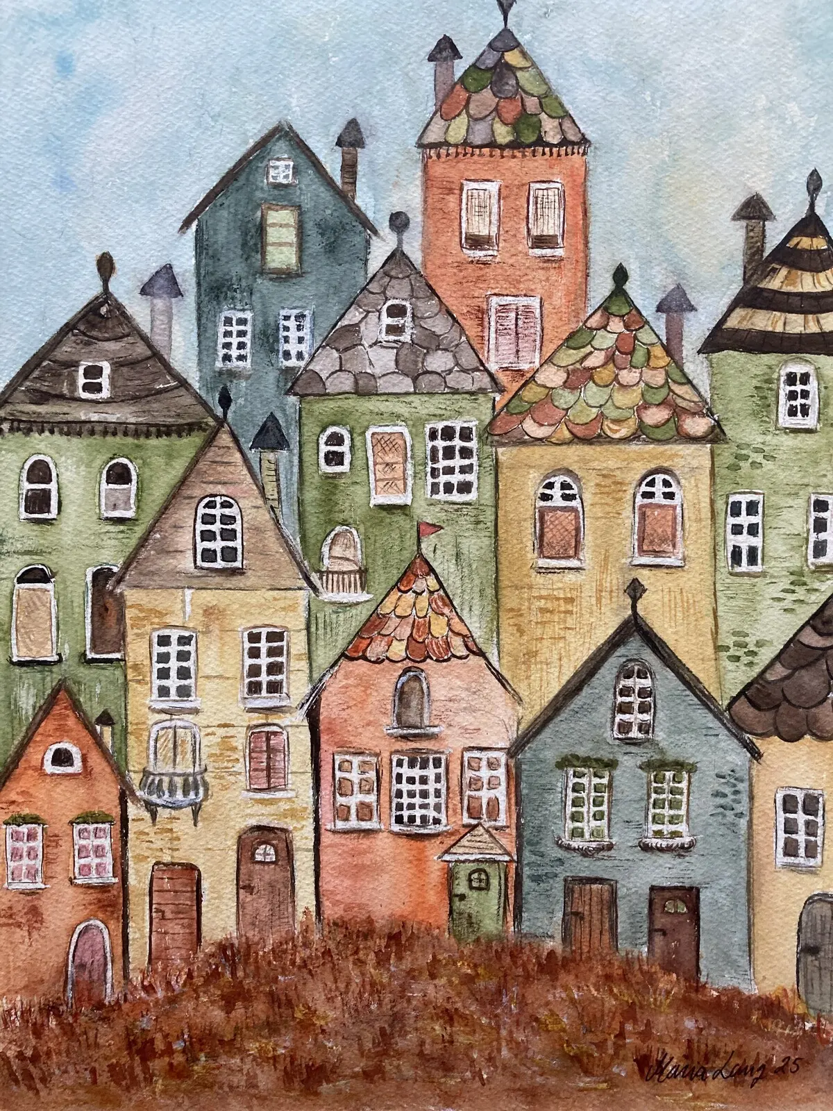 Akvarell Husen på kullen av Maria Lang