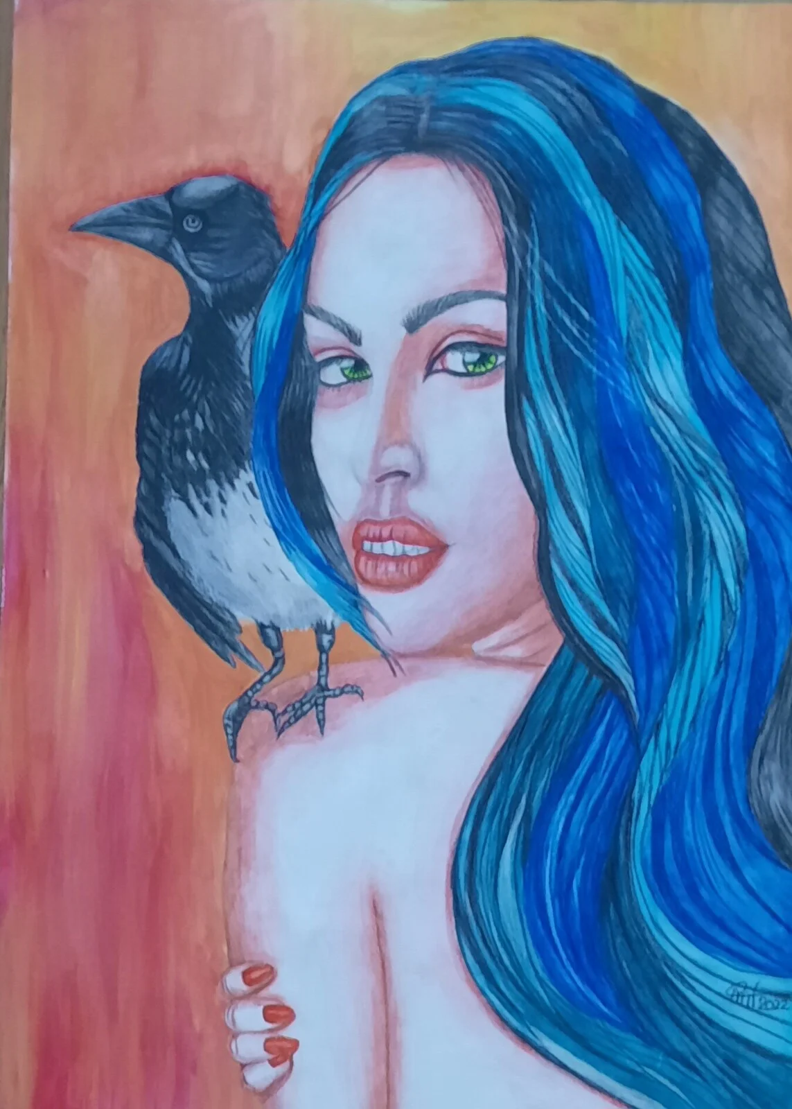 Akvarell Kvinnan och kråkan av Åse Motsanos Nordgren