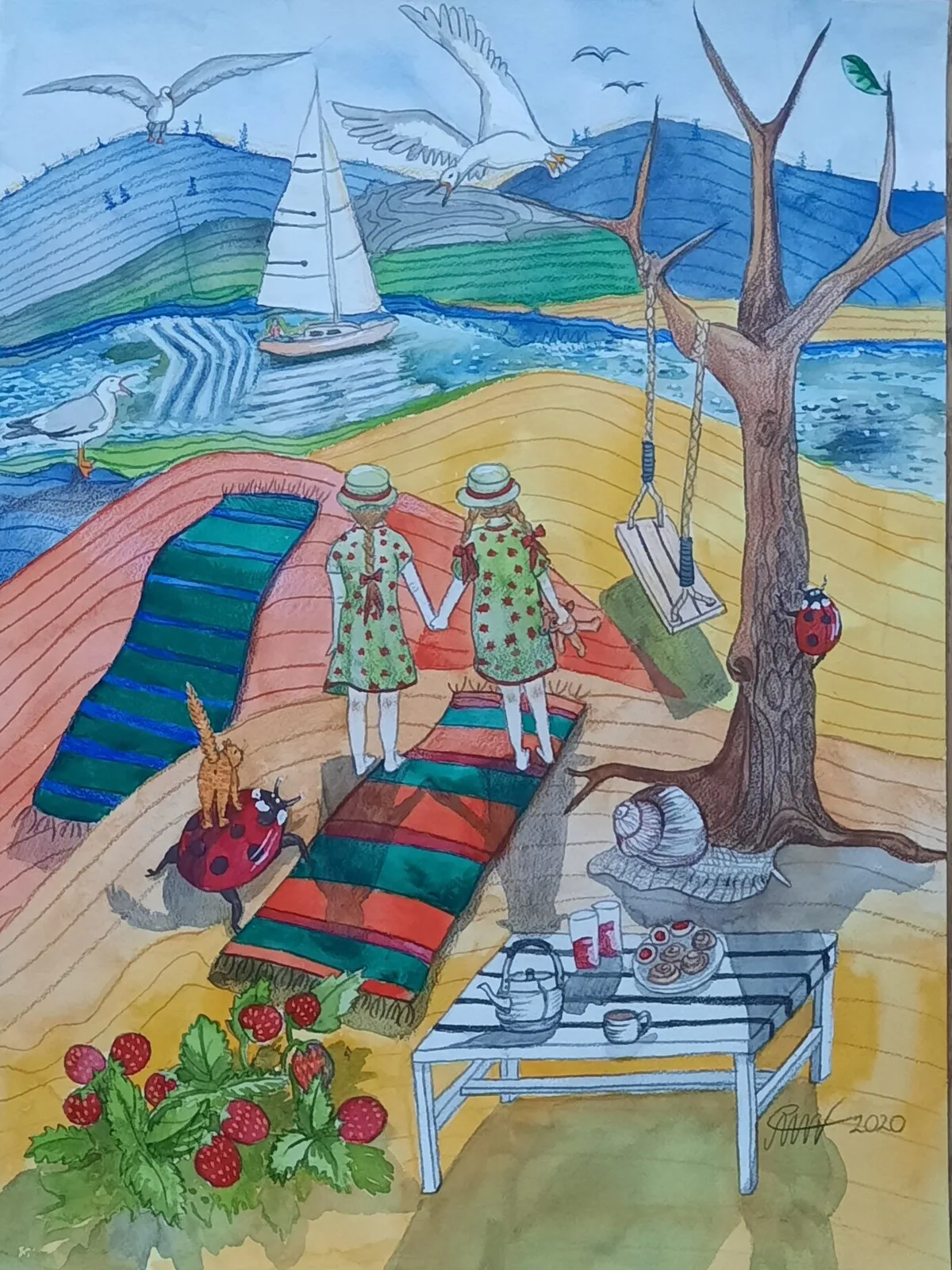 Akvarell Min tvillingsyster och jag av Åse Motsanos Nordgren