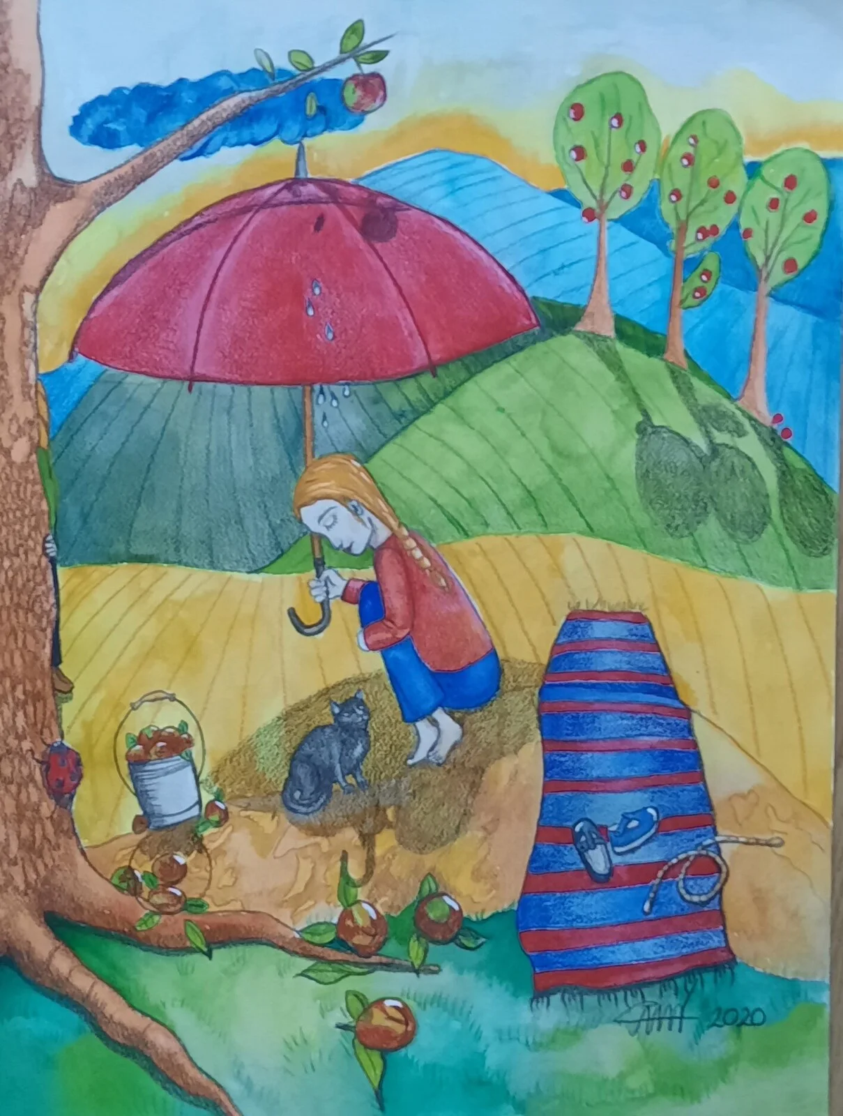 Akvarell Lilla jag I regnet av Åse Motsanos Nordgren