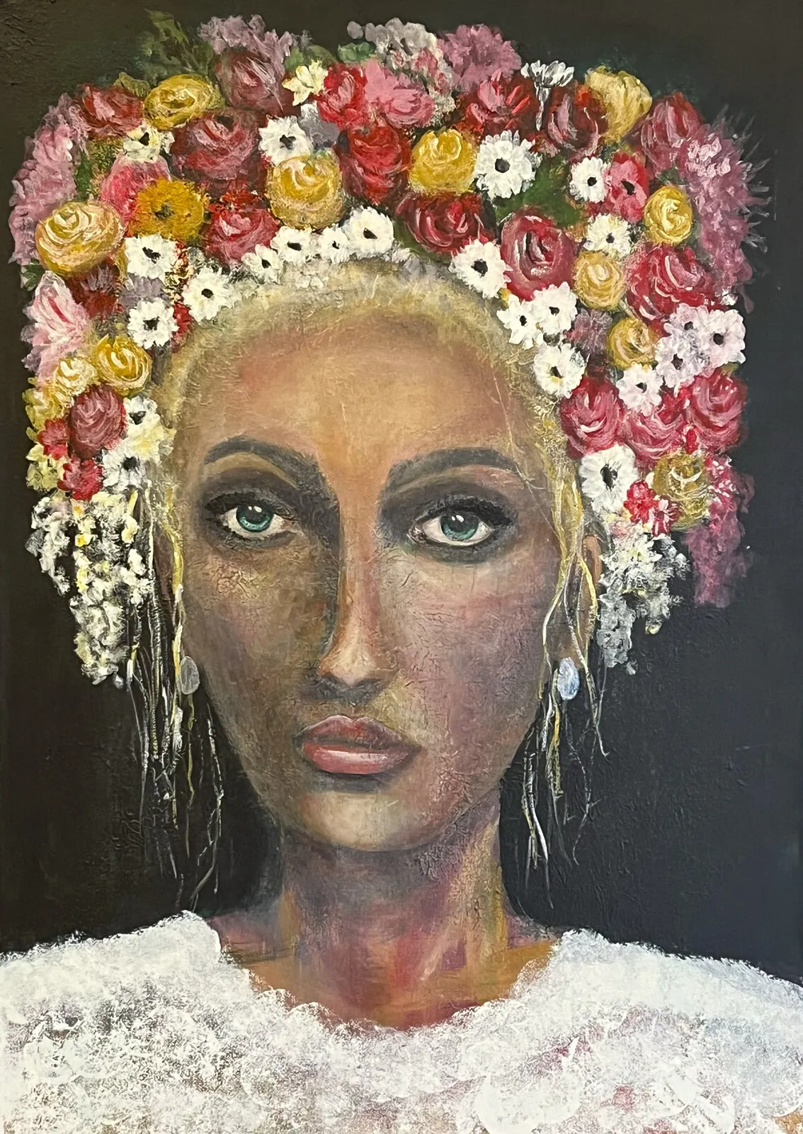 Akrylmålning Hon har blommor i sitt hår av Linda Käller