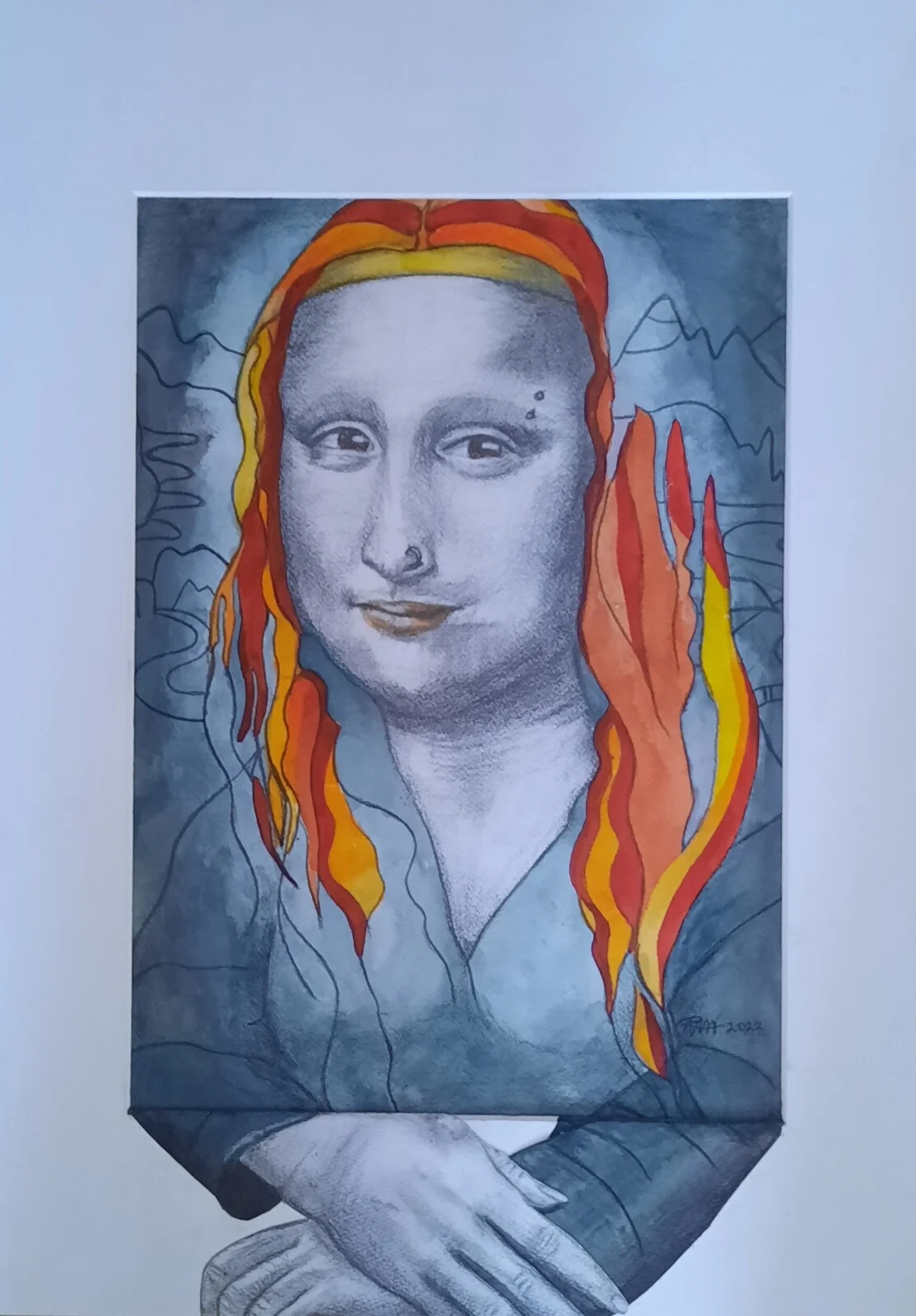 Akvarell Parafras på Mona Lisa av Åse Motsanos Nordgren