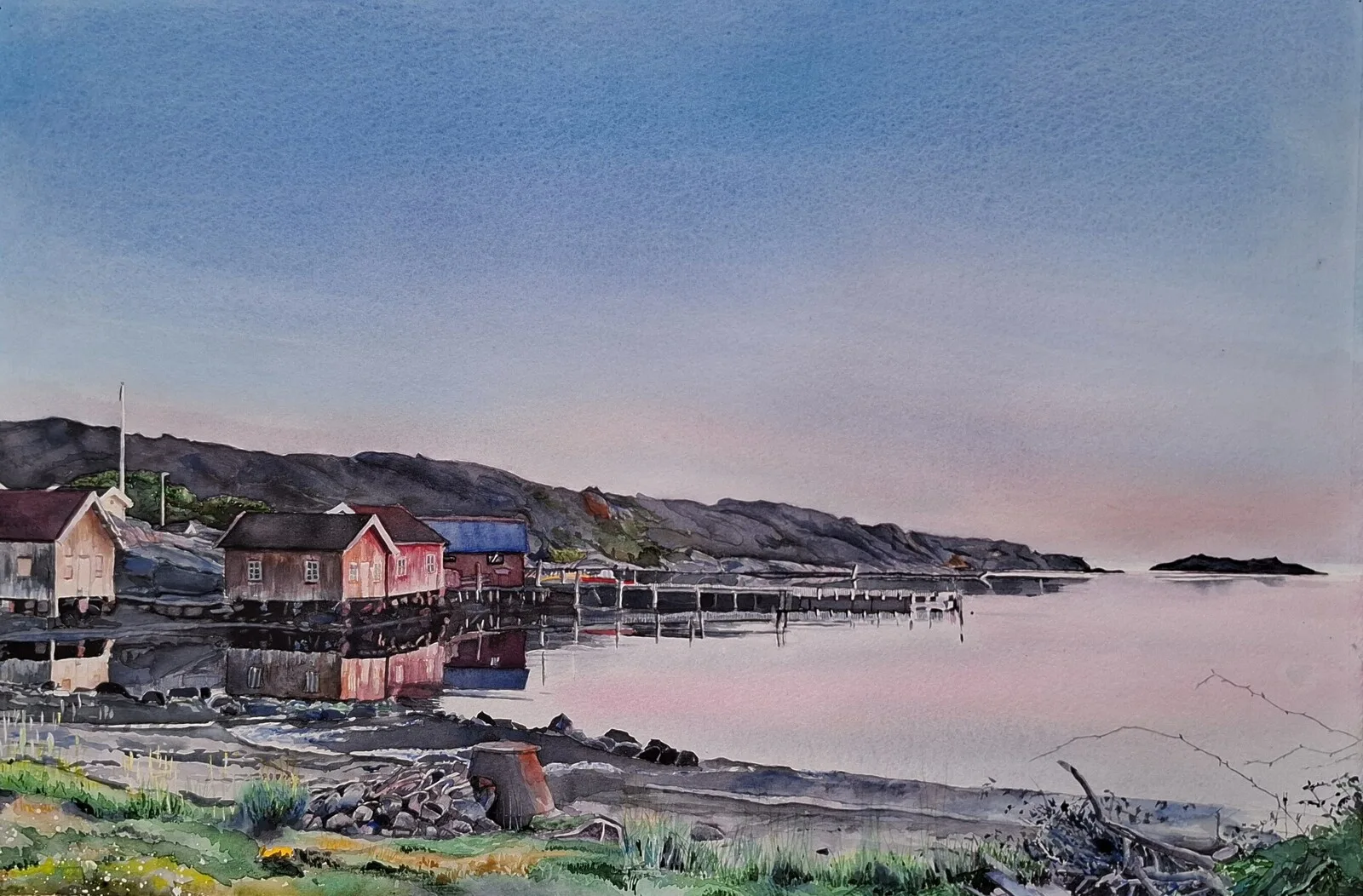 Akvarell Tegelstrand, Bohuslän av Marietta Larsen