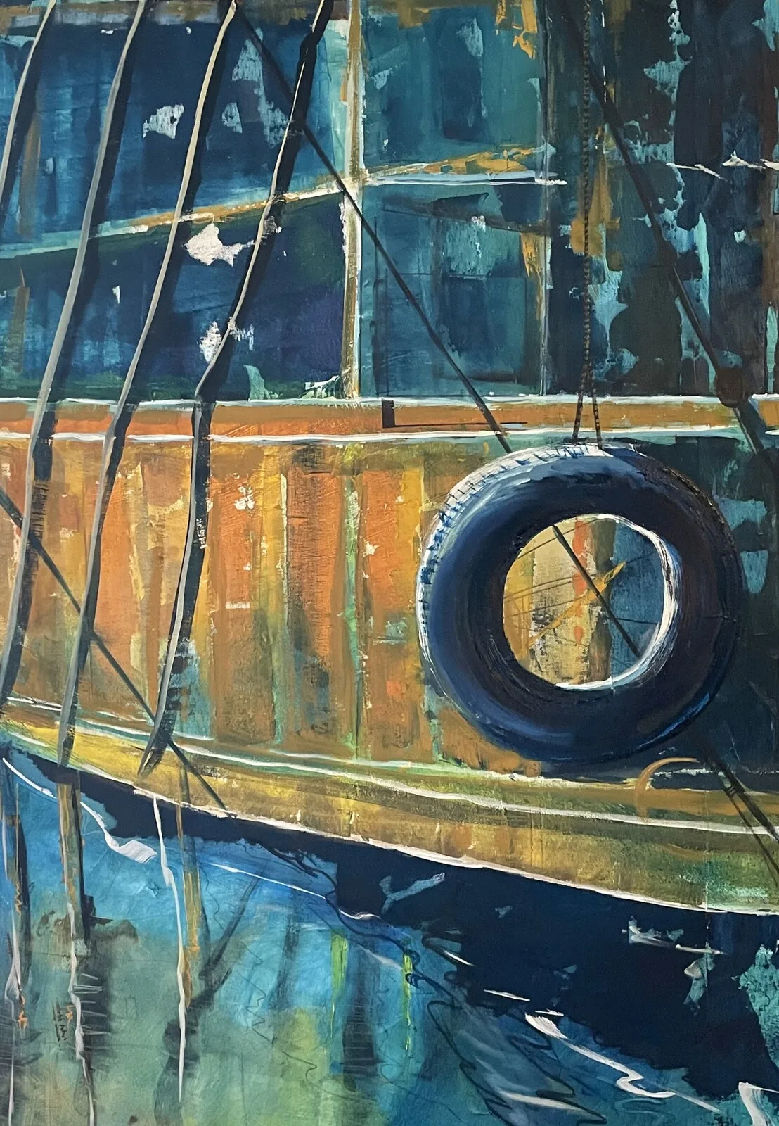 Oljemålning Refections in harbour av Anne Elina Turunen