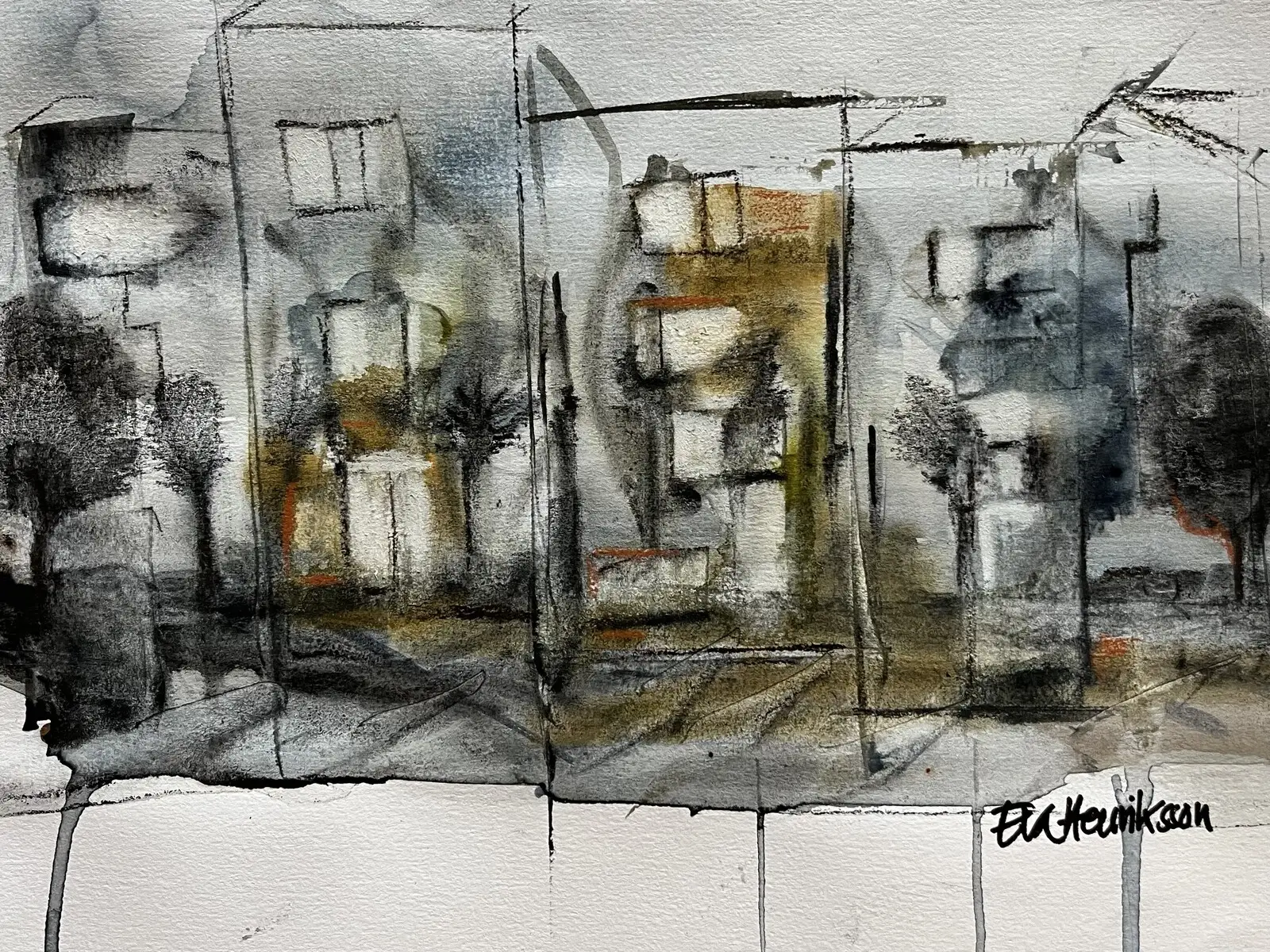 Akvarell Stad i ruiner, vem ska orka bygga upp av Eva Henriksson