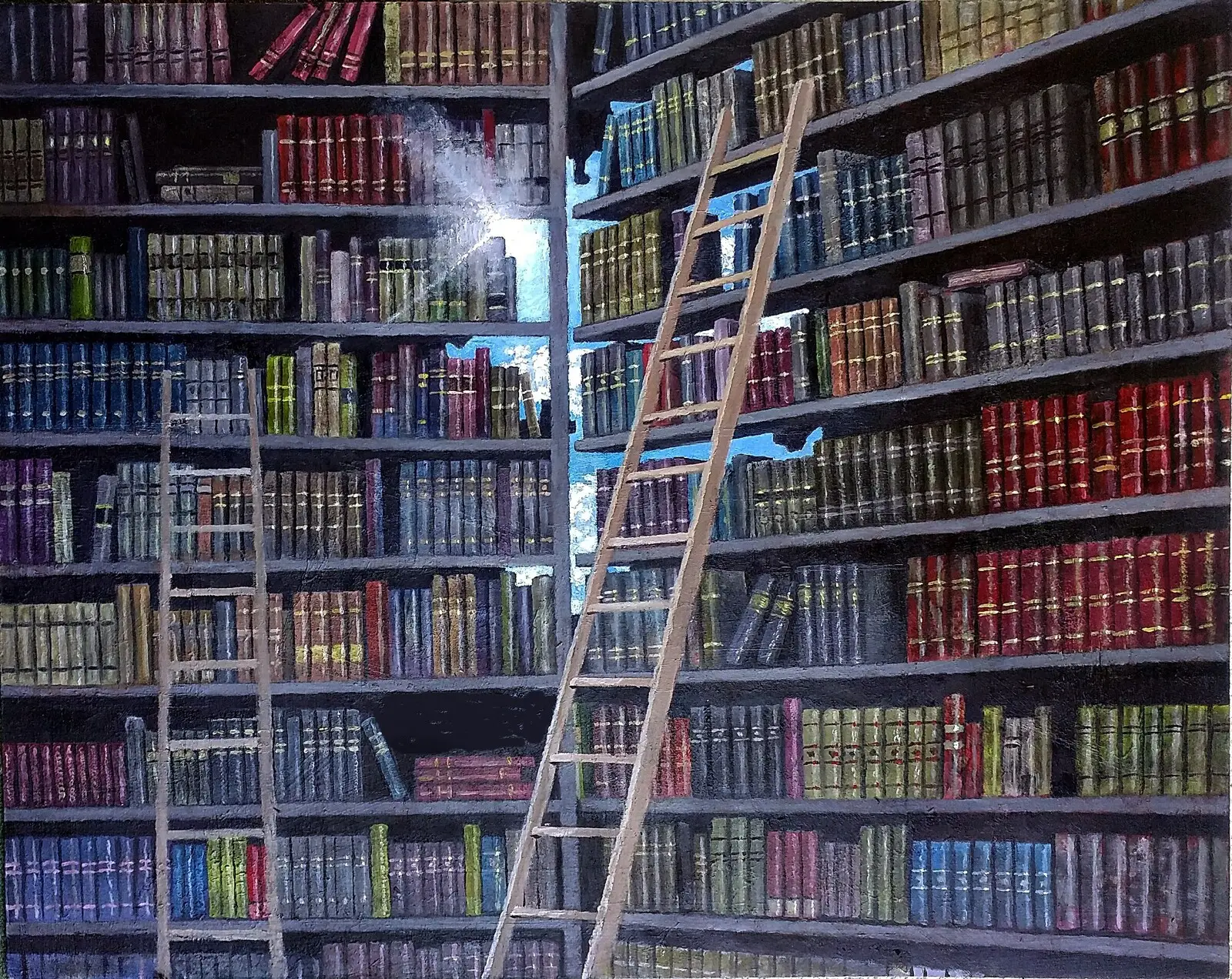 Oljemålning Böcker, stegar av Svante Trottestam