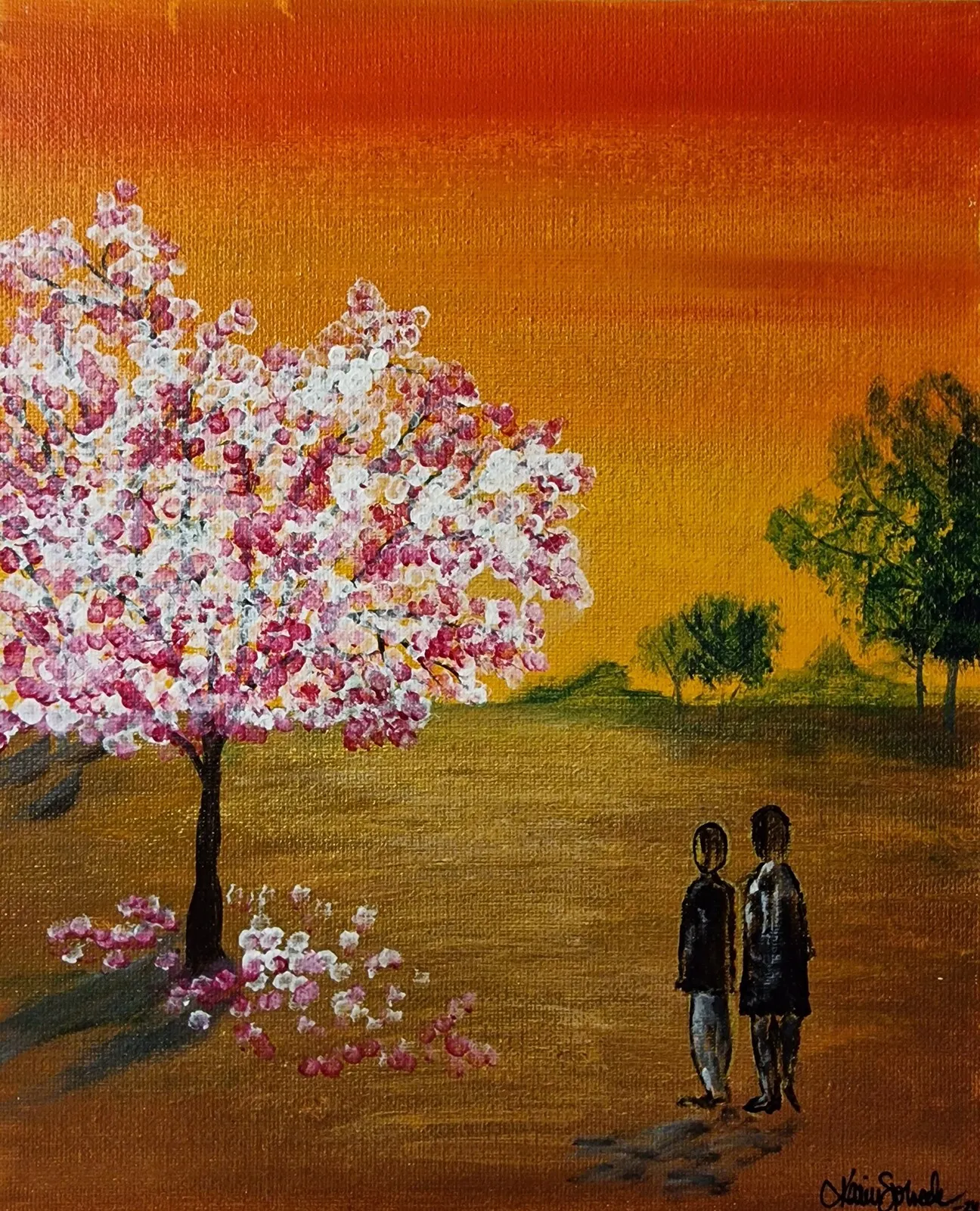 Akrylmålning You, me and the cherrytree av Karin Sjöbeck