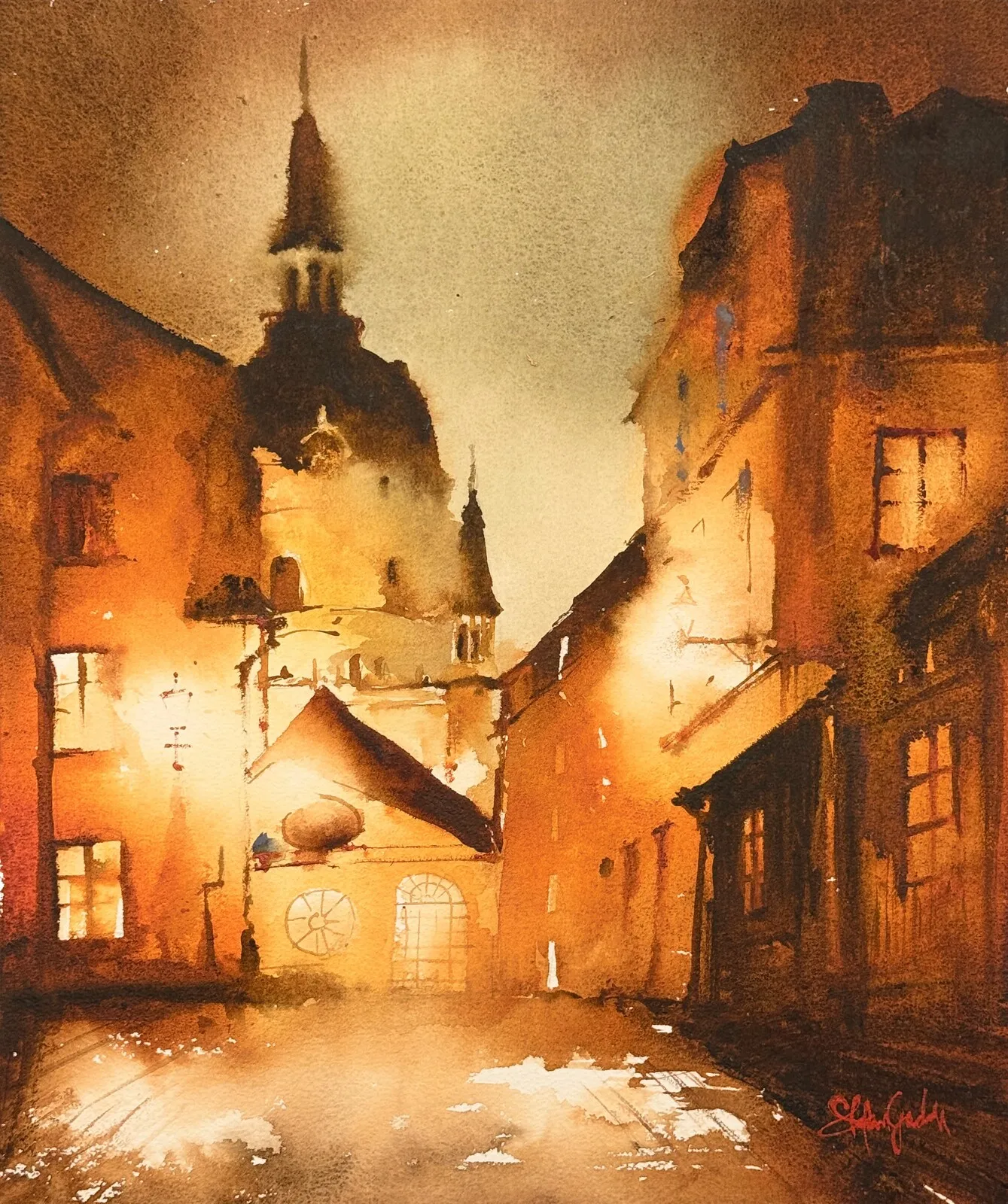 Akvarell Katarina Kyrkobacke av Stefan Gadnell