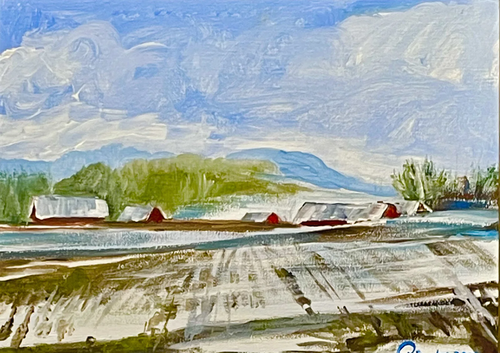 Akrylmålning Bondgård i snö. av Josef Pinter