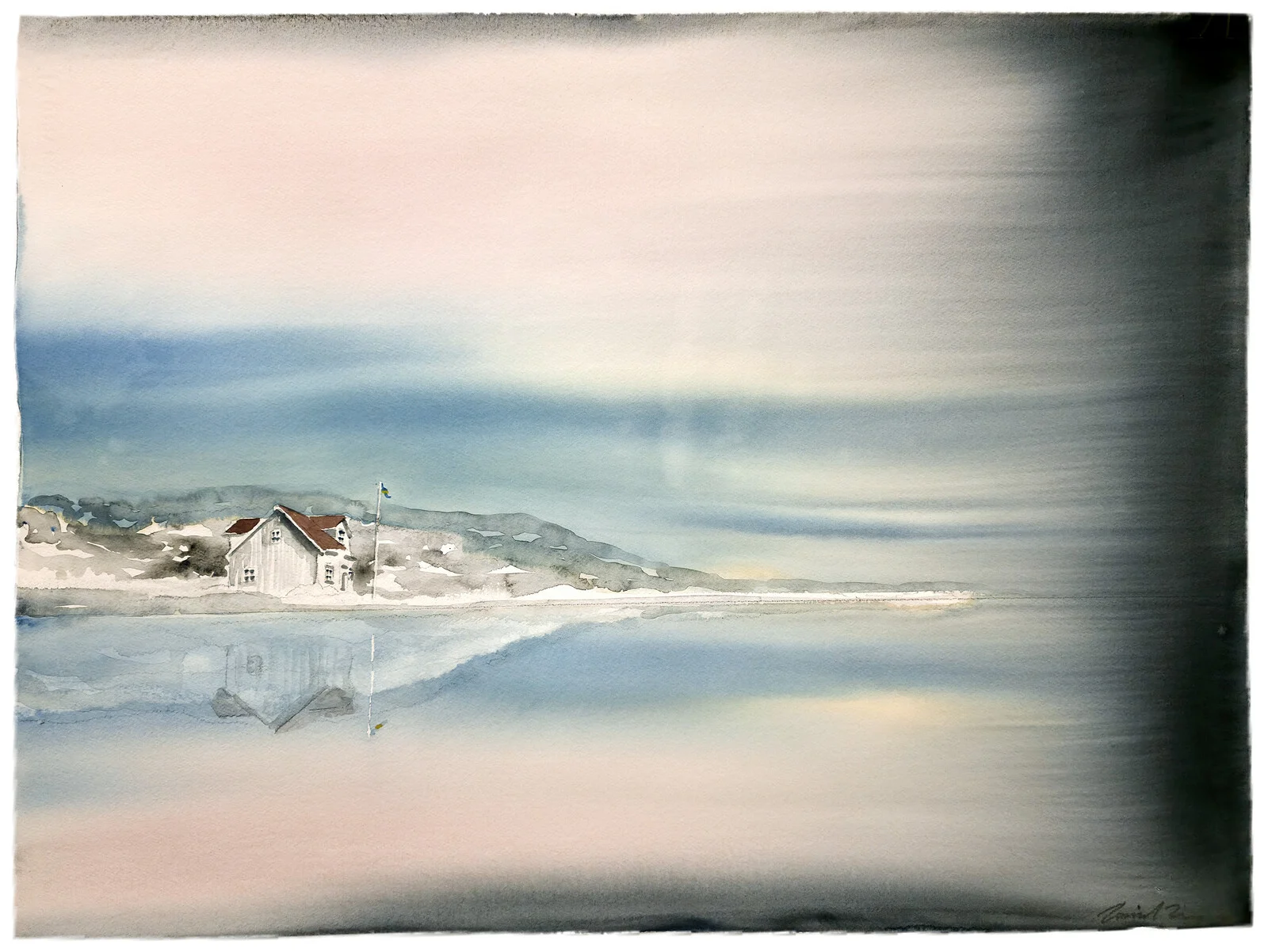 Akvarell Kustbild med rosa & blå himmel av Daniel Zausnig