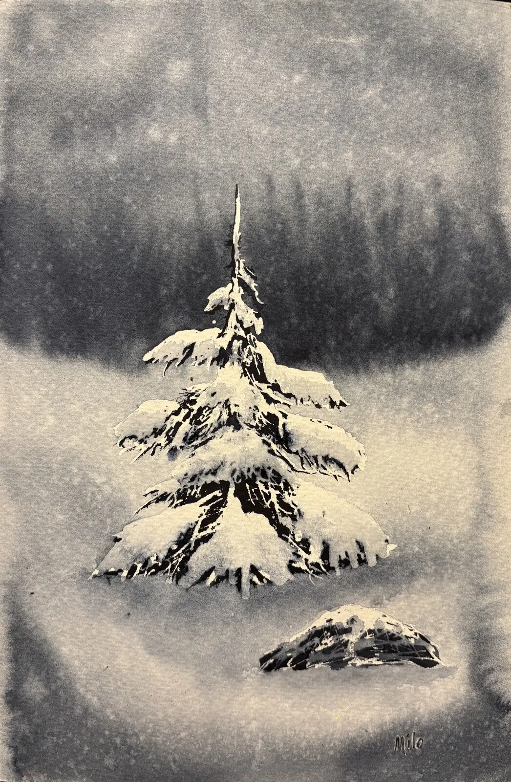 Akvarell Snötyngd av Marie-Louice Eriksson