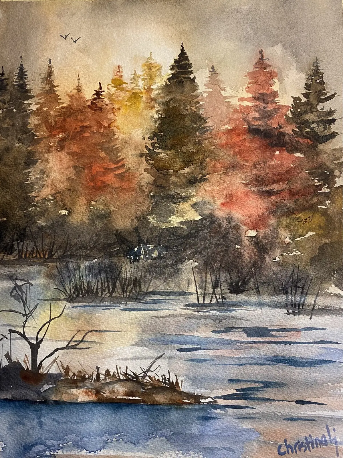 Akvarell Dimma bland granarna av Christina Ljungberg