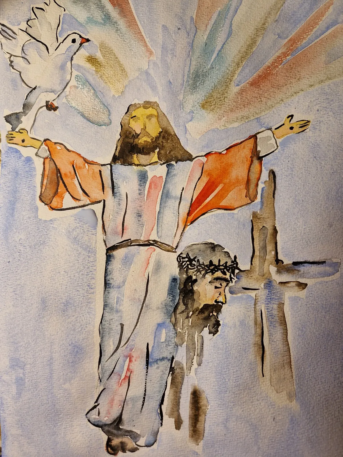 Akvarell Korsfästelse, uppståndelse och Den Helige Andes närhet. av Inna Nordberg