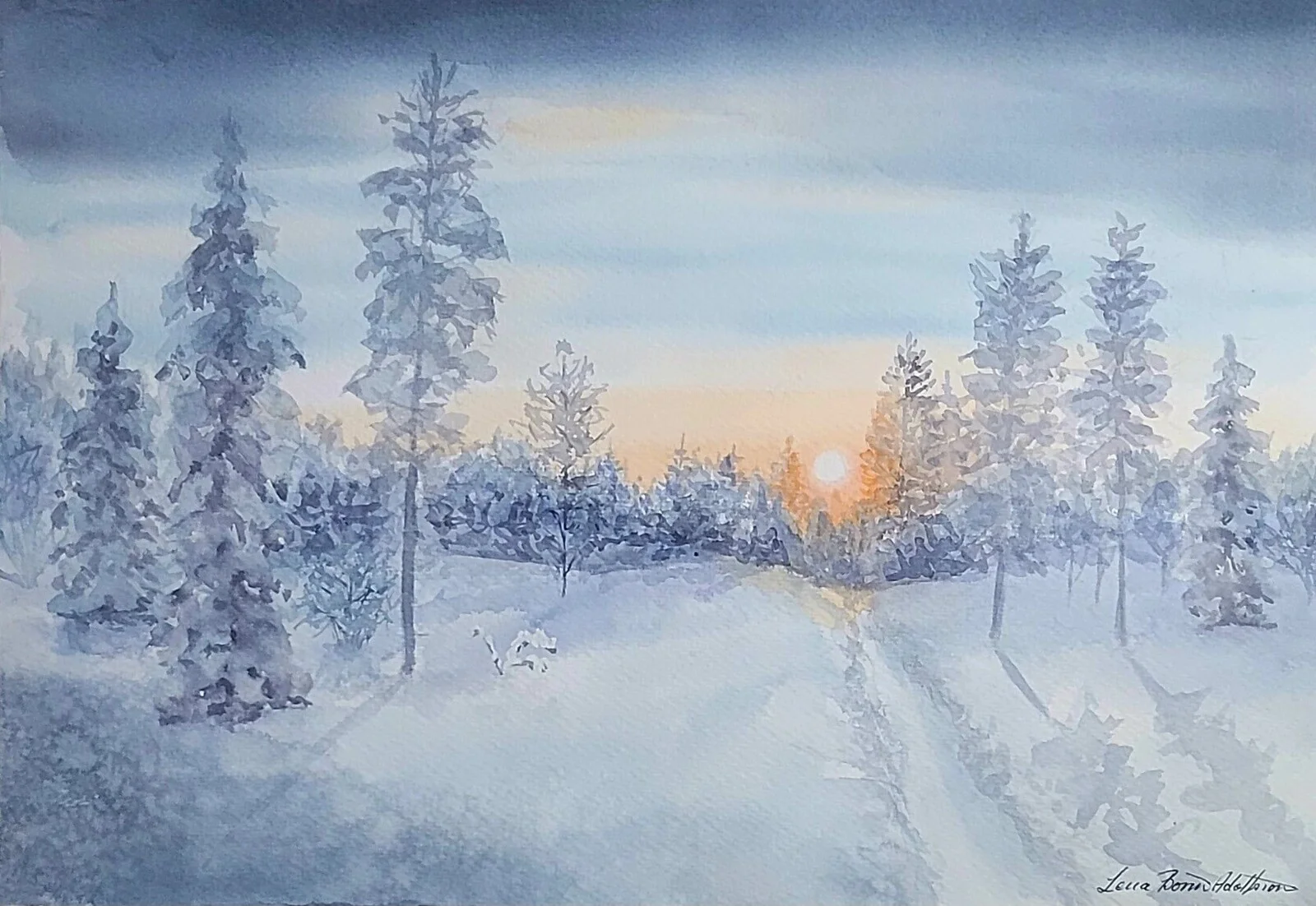 Akvarell Korta dagar I december av Lena Bovin Adolfsson