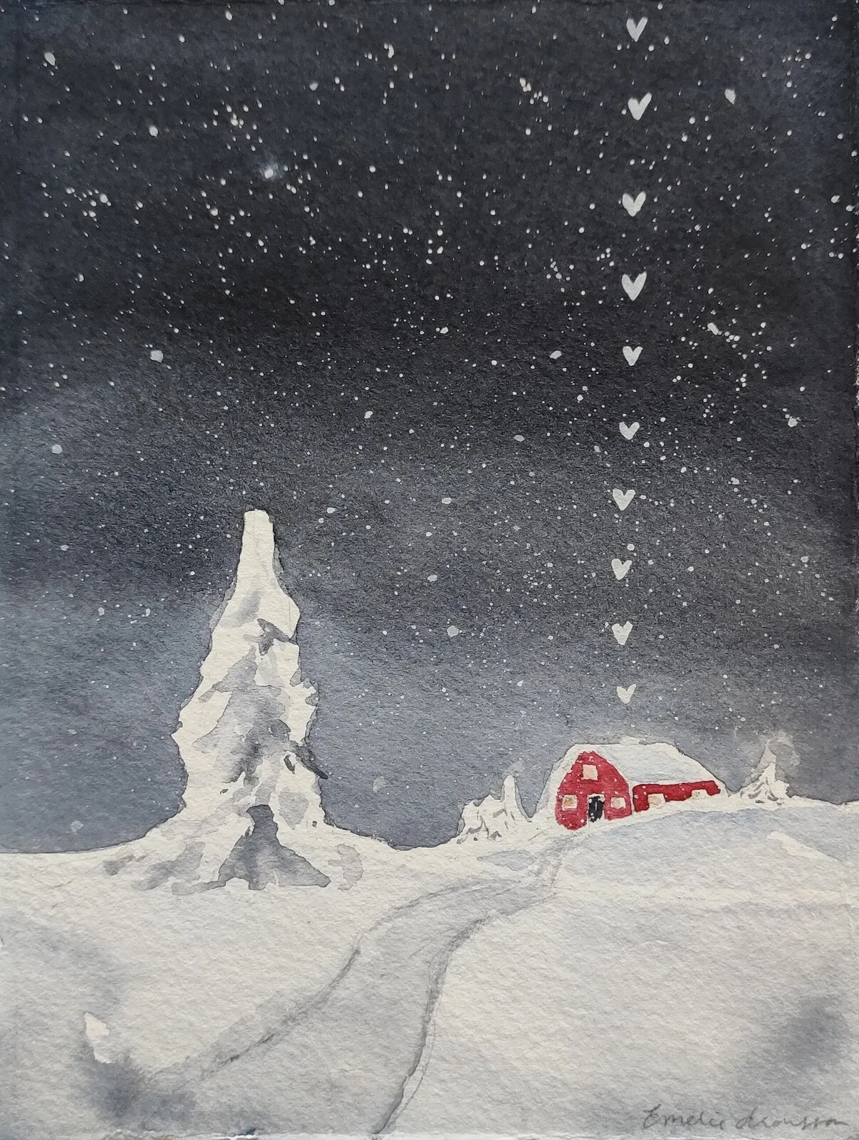 Akvarell VINTER PÅ LANDET av Emelie Aronsson