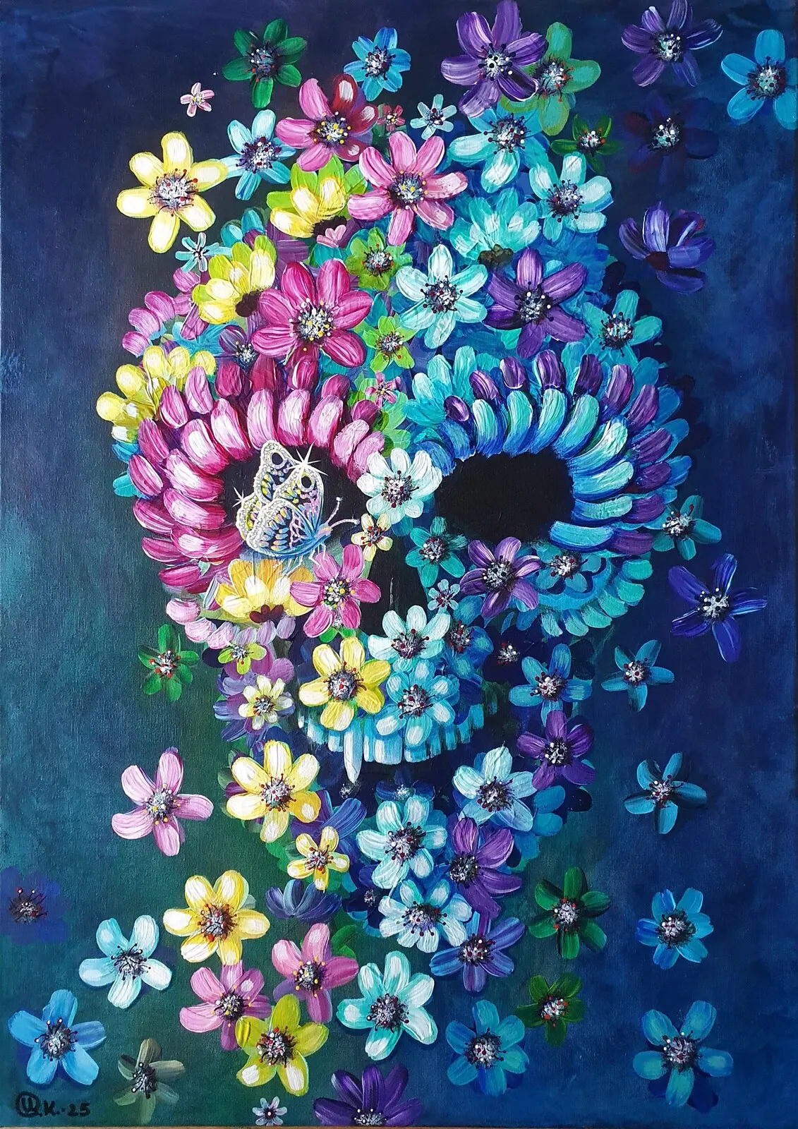 Akrylmålning Flower skull av Camilla Karlsson