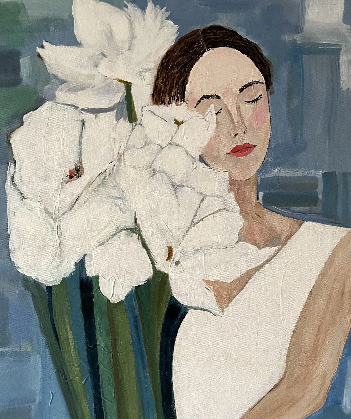 Akrylmålning Flicka med liljor av Anne-sofie Lundgren