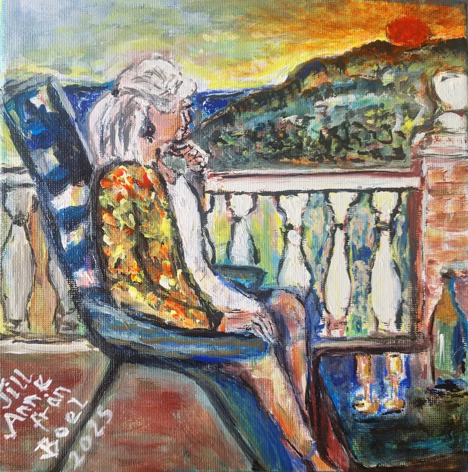 Akrylmålning Min fina vän Anne och hennes terass av Boel Franck