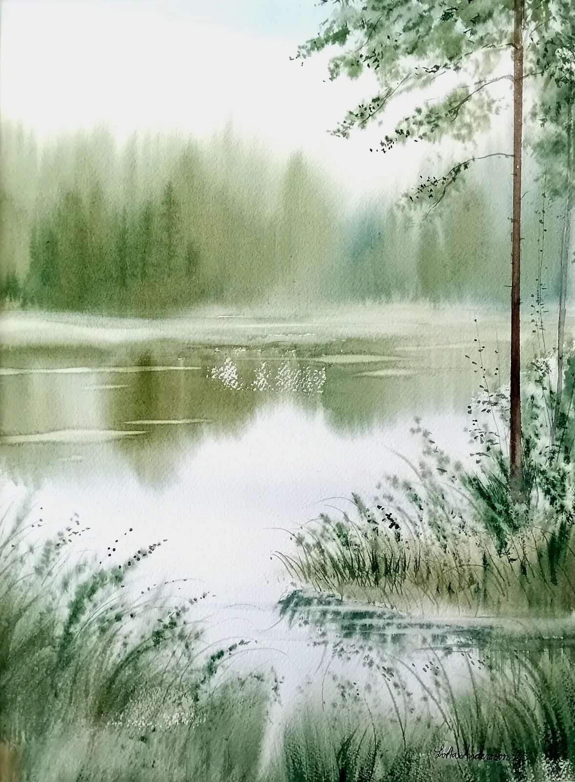 Akvarell Skogssjö av Lotta Andersson