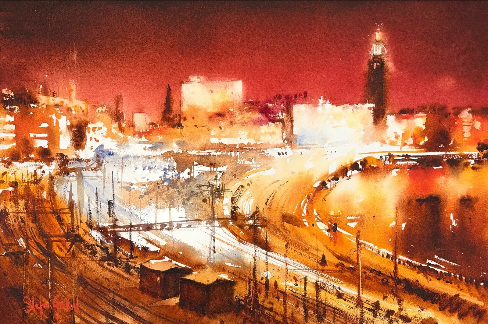 Akvarell Ljus över Stockholms Banvall av Stefan Gadnell