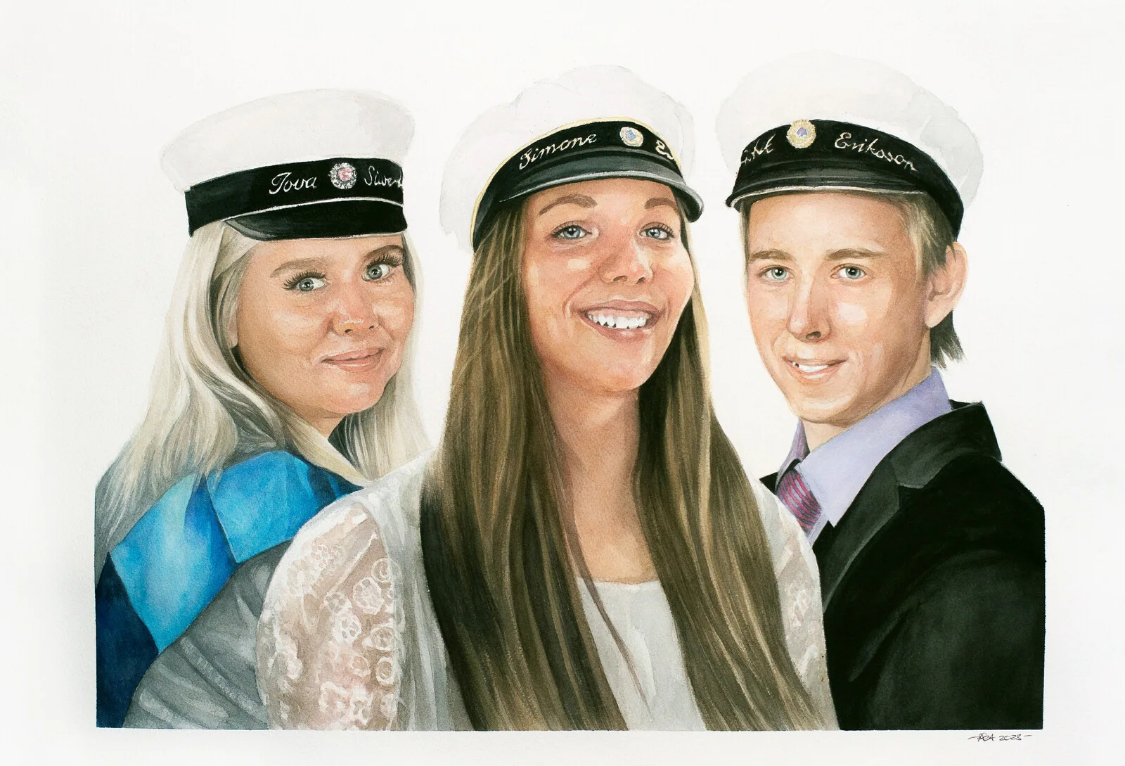 Akvarell Tre syskon-studenter av Åza Mårtensson