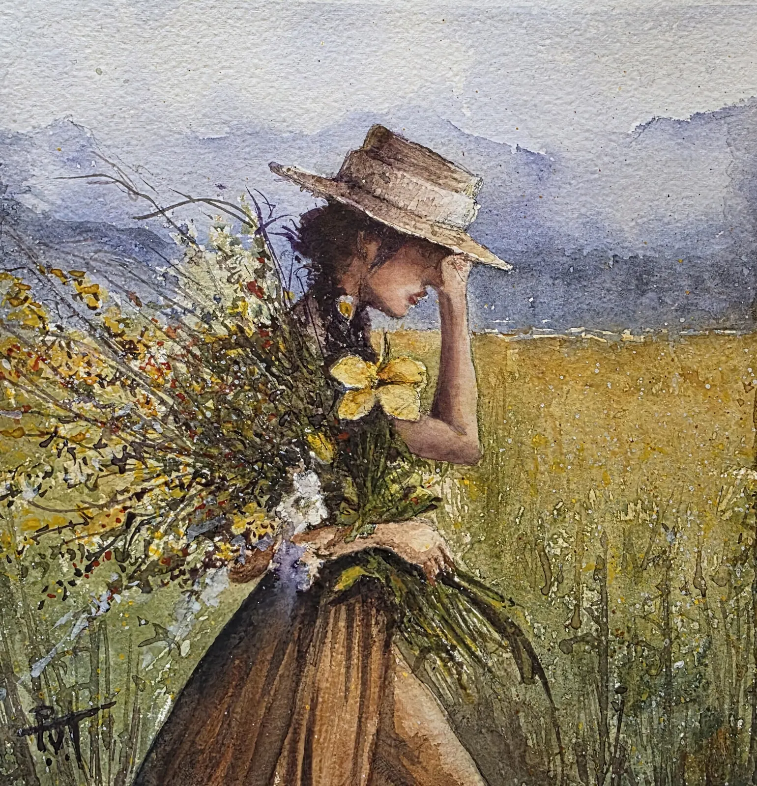 Akvarell Wildflower Girl av Parham Vafatabar