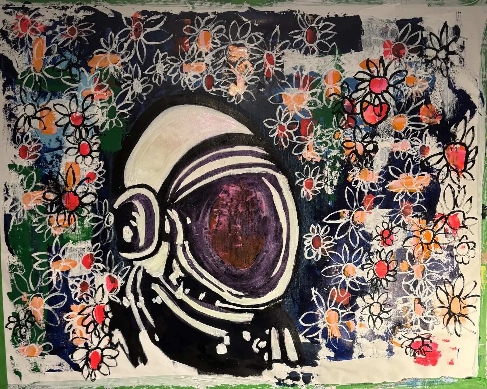 Akrylmålning Astronaut in flowers 2 av Derek Van Bergen
