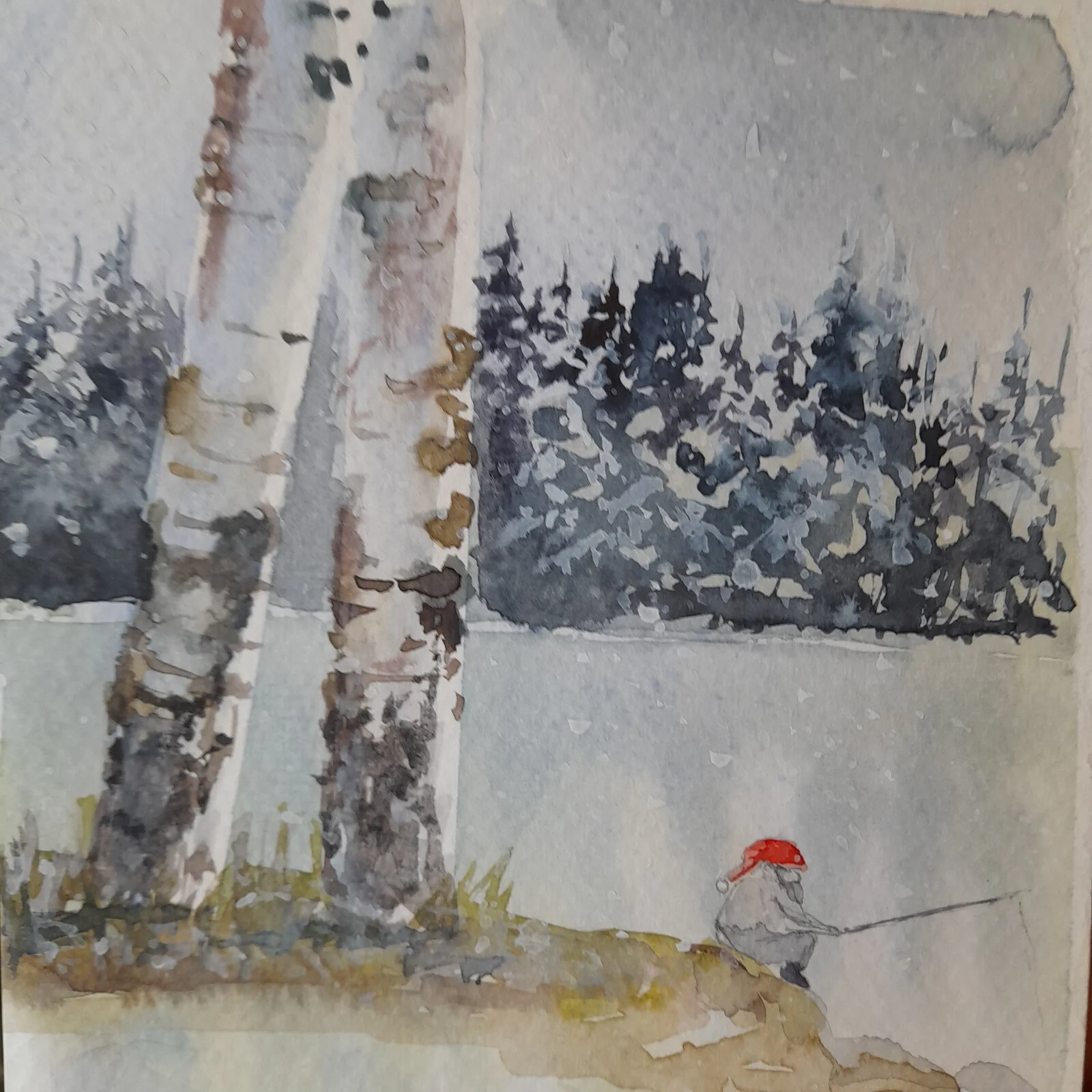 Akvarell Tomten fiskar av Petra Skogsberg