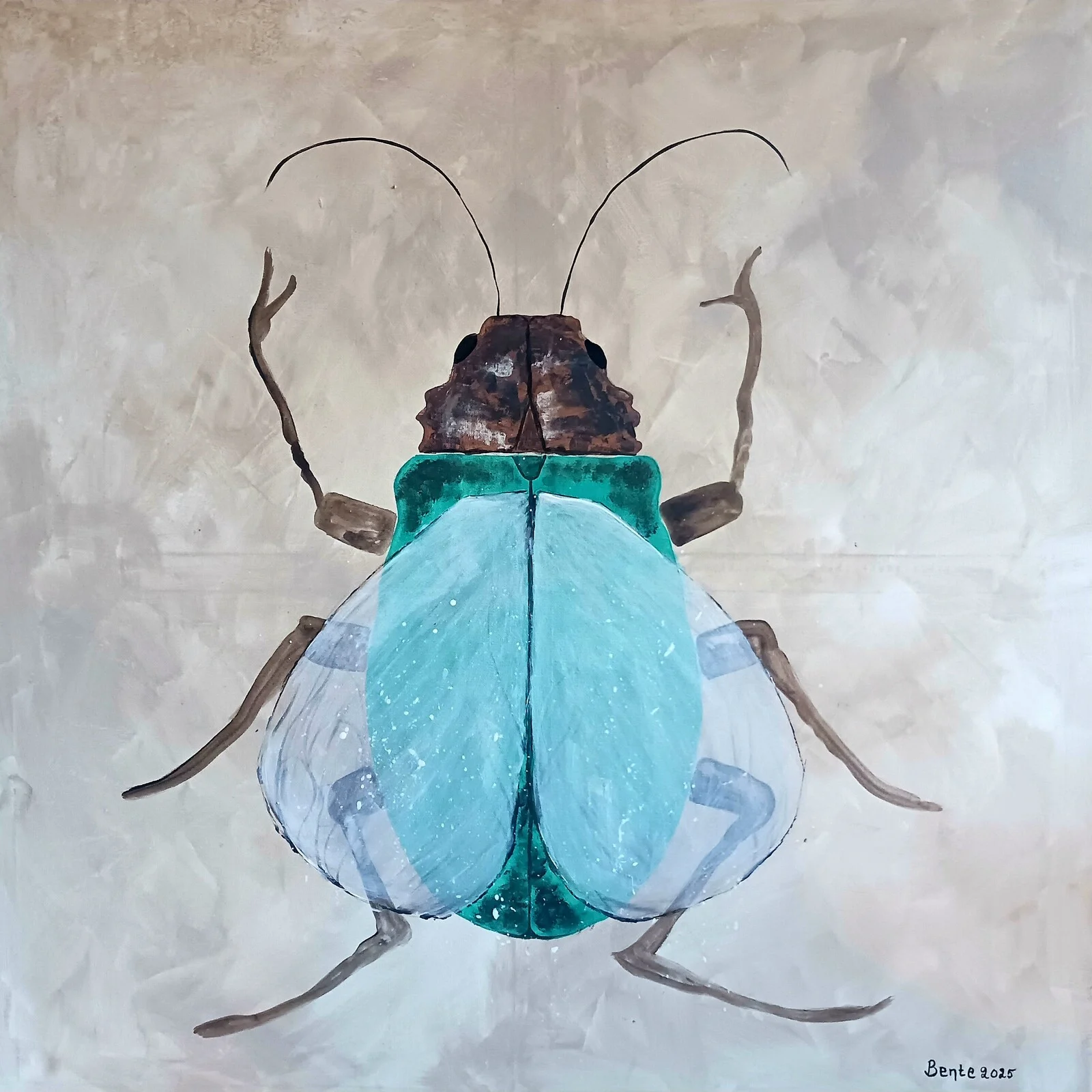 Akrylmålning Turkos skalbagge med vita vingar av Bente Mellquist Danielson