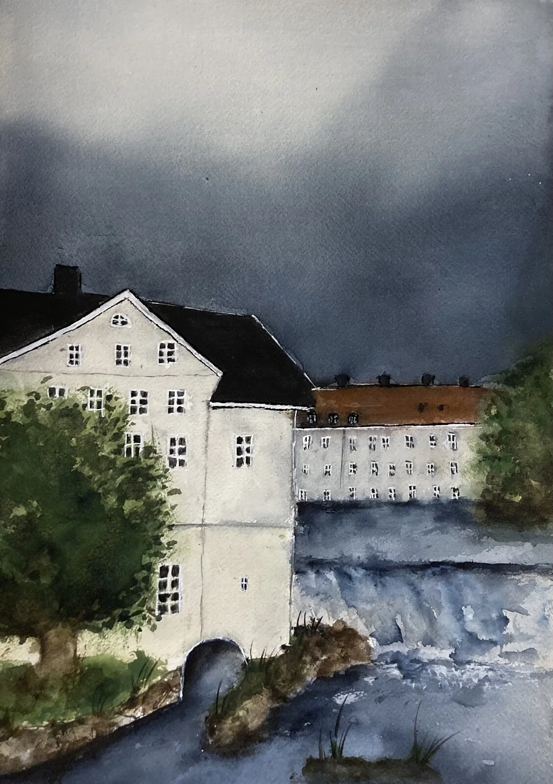 Akvarell FALLET VID UPPLANDSMUSEET (inramad) av Rose-Marie Lyckebrant-Lindqvist