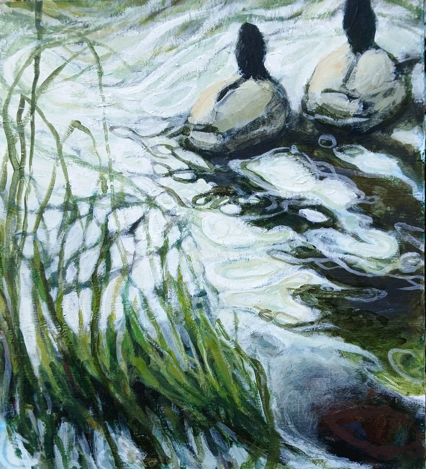 Akrylmålning Lake, ducks, grass av Rebecca Landmér