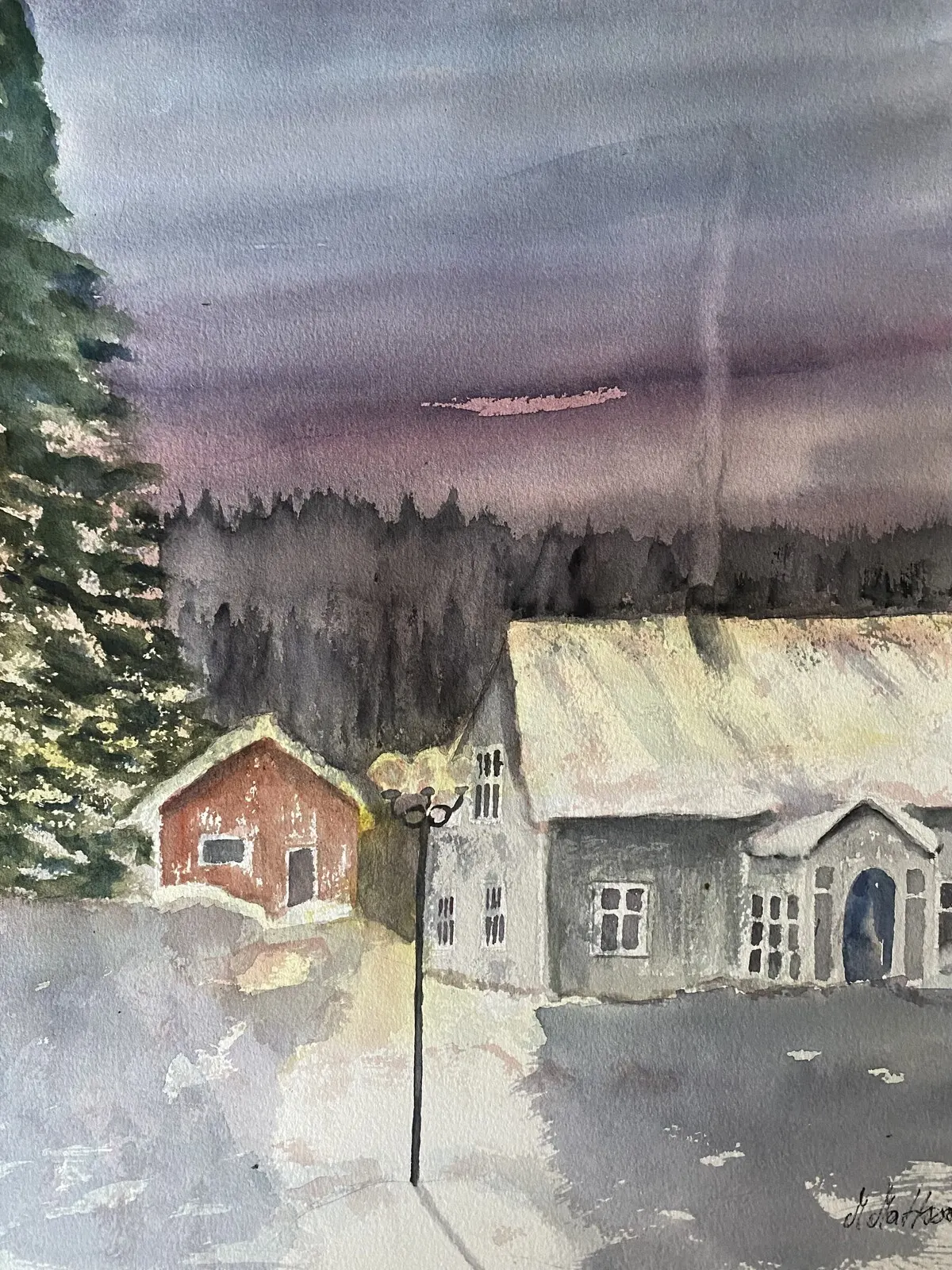 Akvarell Vinter på landet av Margareta Mattsson