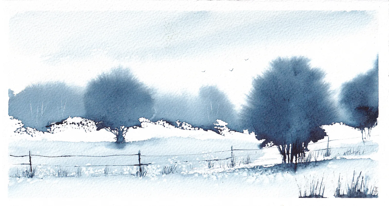 Akvarell Monochromatic landscape, Indigo no. 2 av Anna-Karin Hallström
