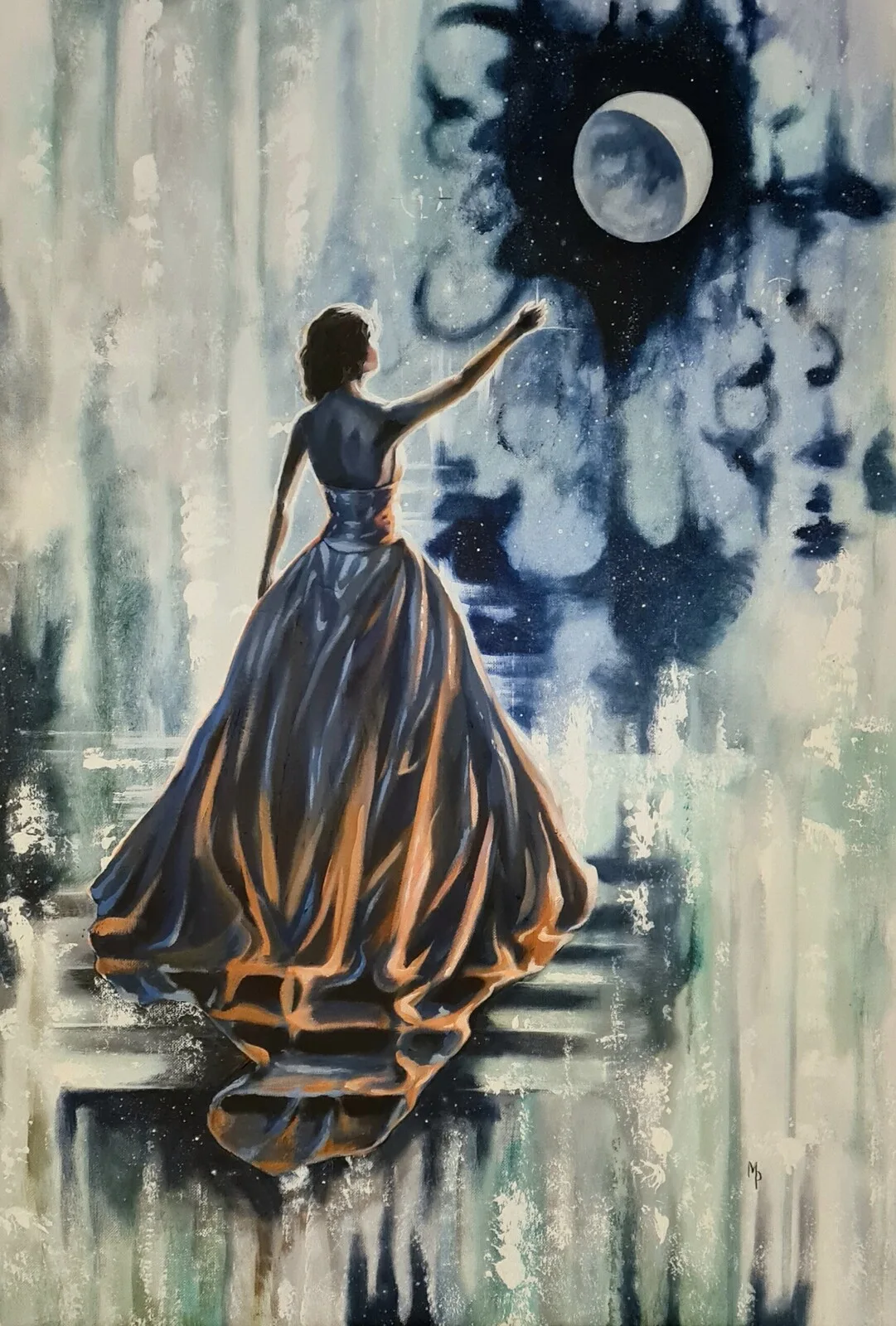 Akrylmålning - Dream of the Moon, reach for the Stars - av Mimmi MPs ArtCreations Pettersson