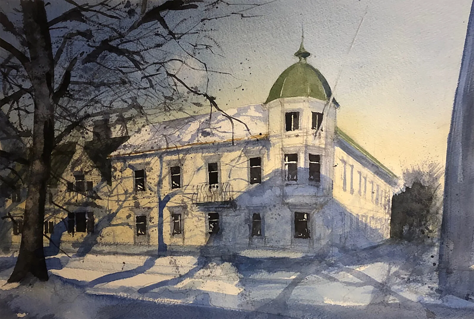 Akvarell Vinterbild från Esplanaden, Lidköping. av Hans Kihlén