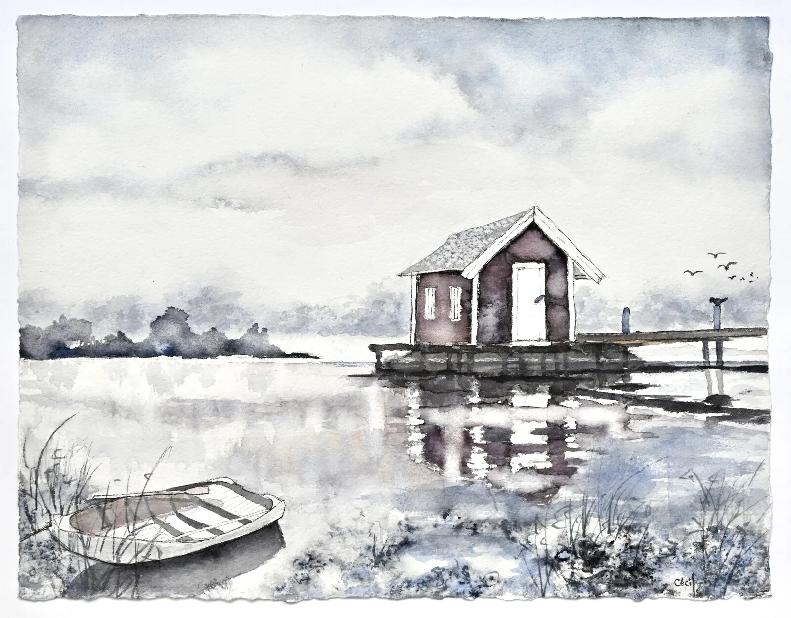 Akvarell Stugan och Ekan, Skärgård av Cécile Hansson