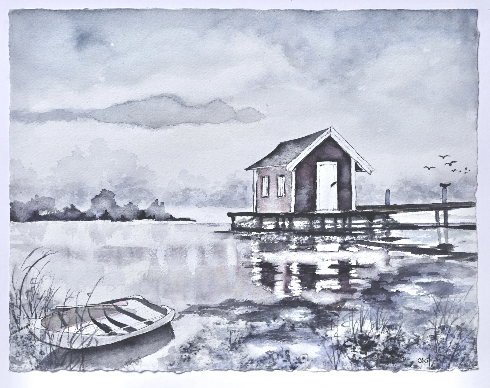 Akvarell Stugan och Ekan, Skärgård av Cécile Hansson
