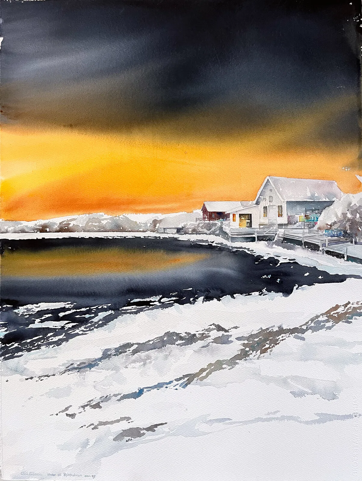 Akvarell Vinter på Björholmen I av Carl Erasmie
