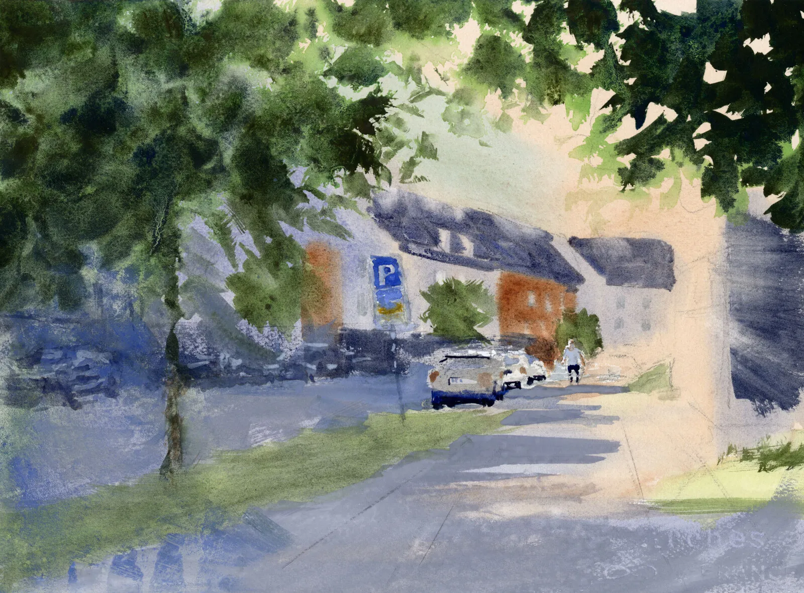 Akvarell Augusti - Sensommarljus, Honnörsgatan av Bea Carlsson