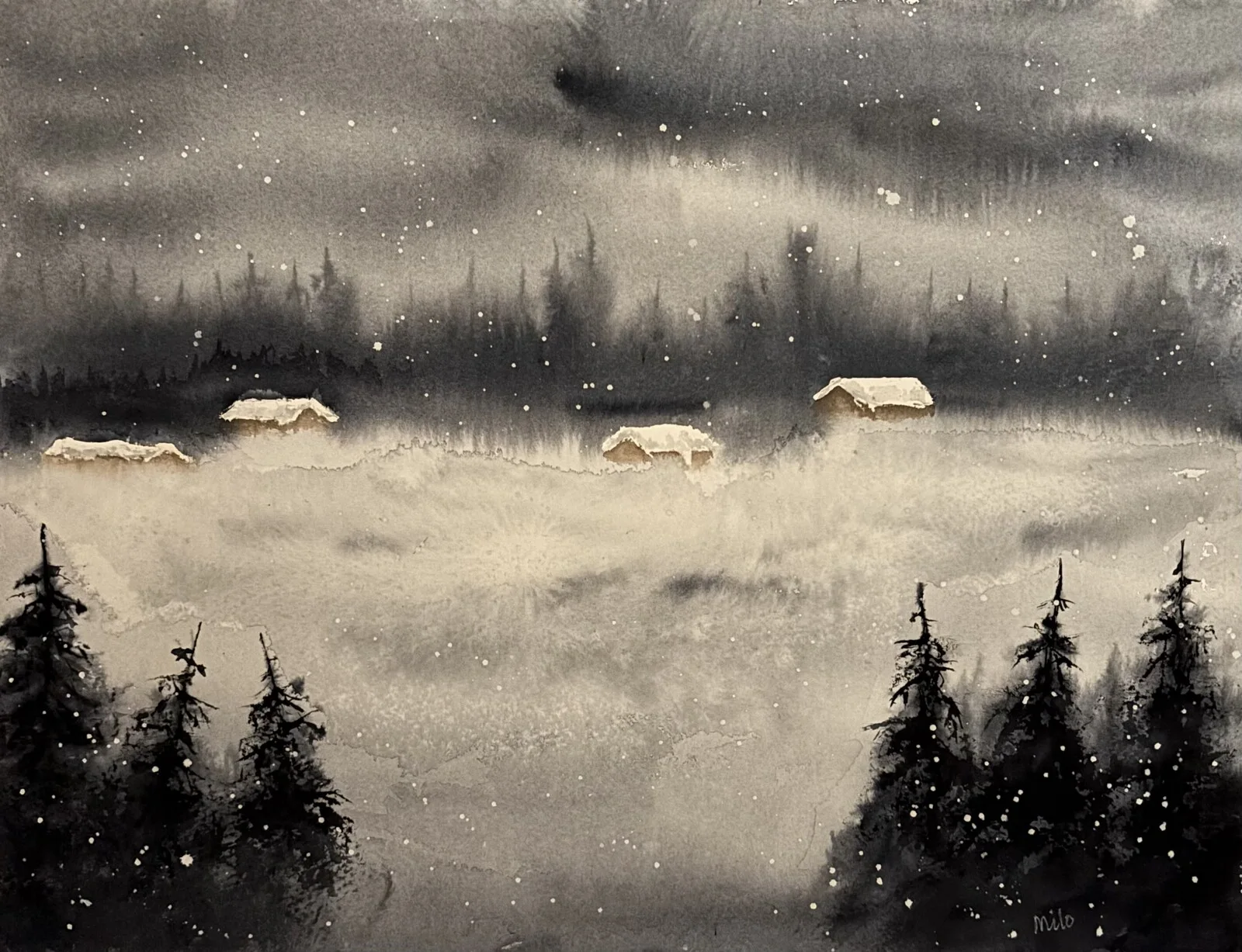 Akvarell Vinterby av Marie-Louice Eriksson