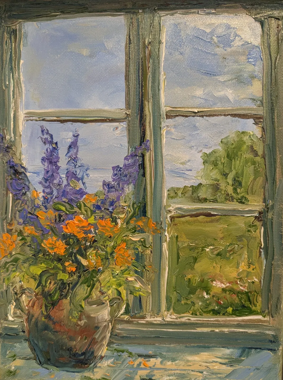 Oljemålning Fönster med riddarsporrar och ringblommor av Kathrin Bernekorn