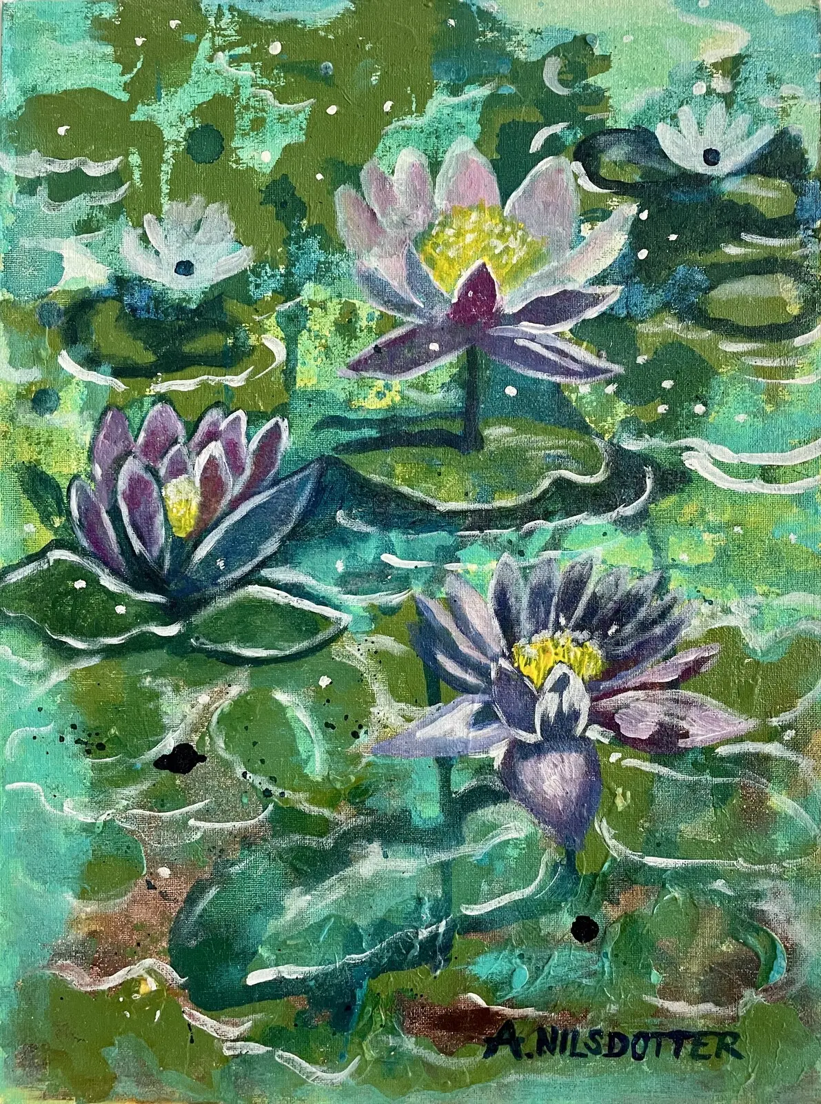 Akrylmålning Waterlilies av Anna Nilsdotter