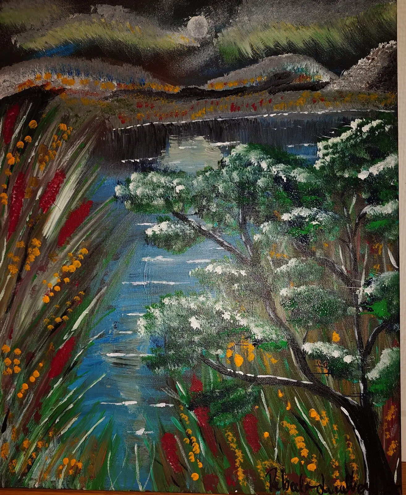 Akrylmålning Natt vid stranden av Rebecka Lindberg