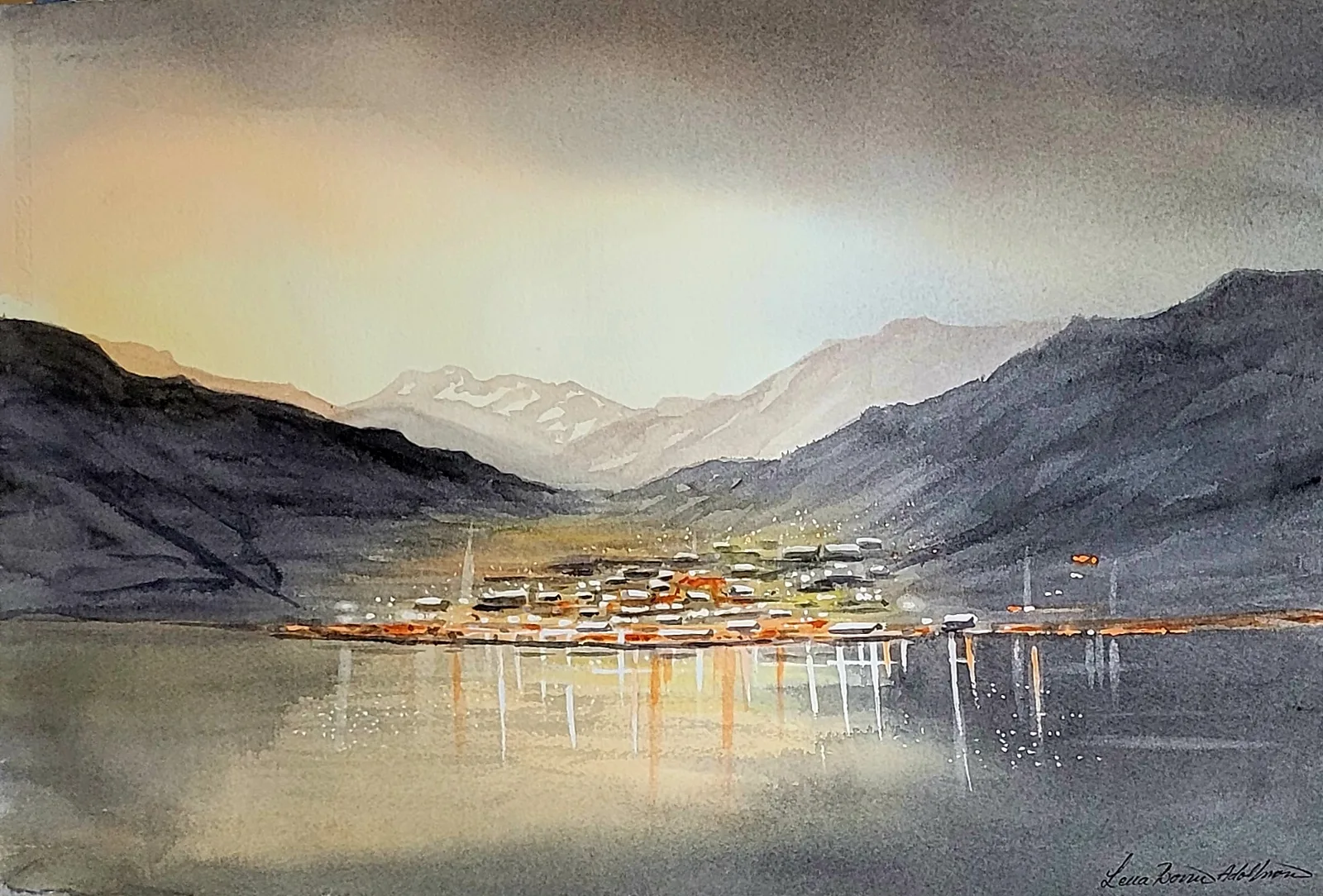 Akvarell Fjällby av Lena Bovin Adolfsson