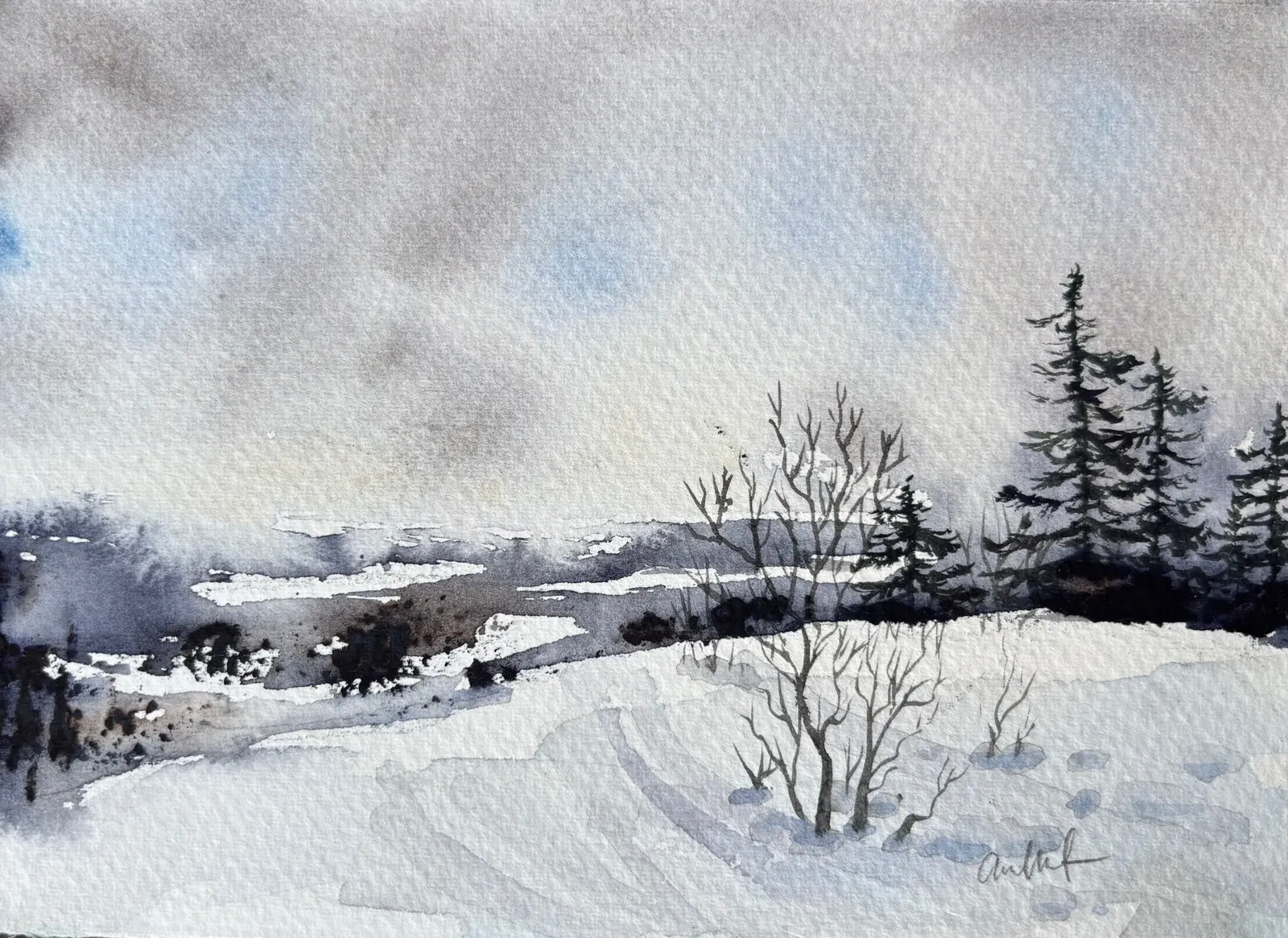 Akvarell Vinterlandskap av Anna Wolf