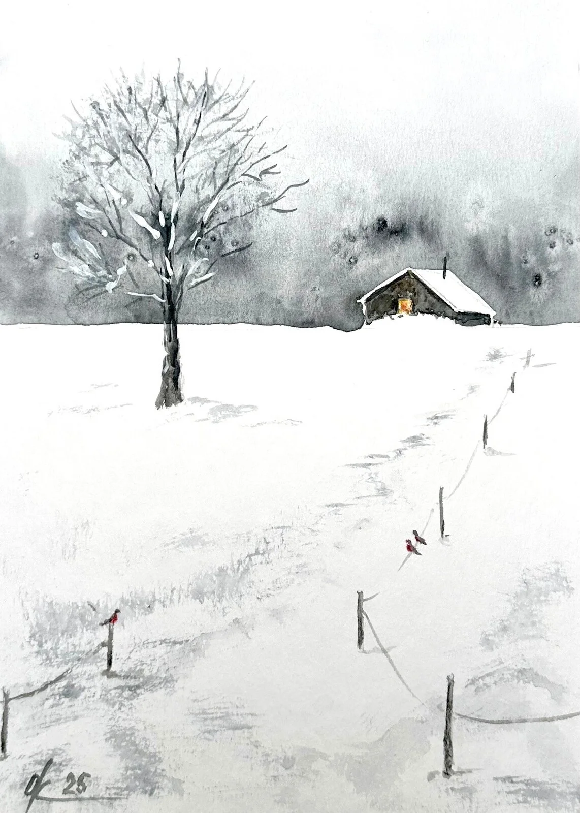 Akvarell Vinterdag i byn av Olga Kharyakova