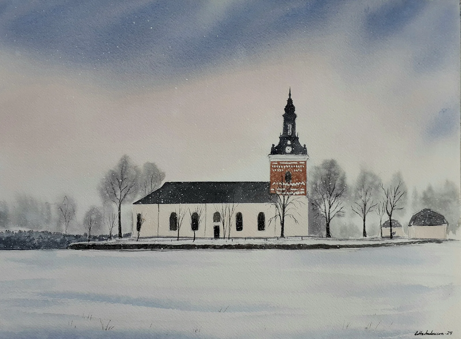 Akvarell Folkärna kyrka II av Lotta Andersson